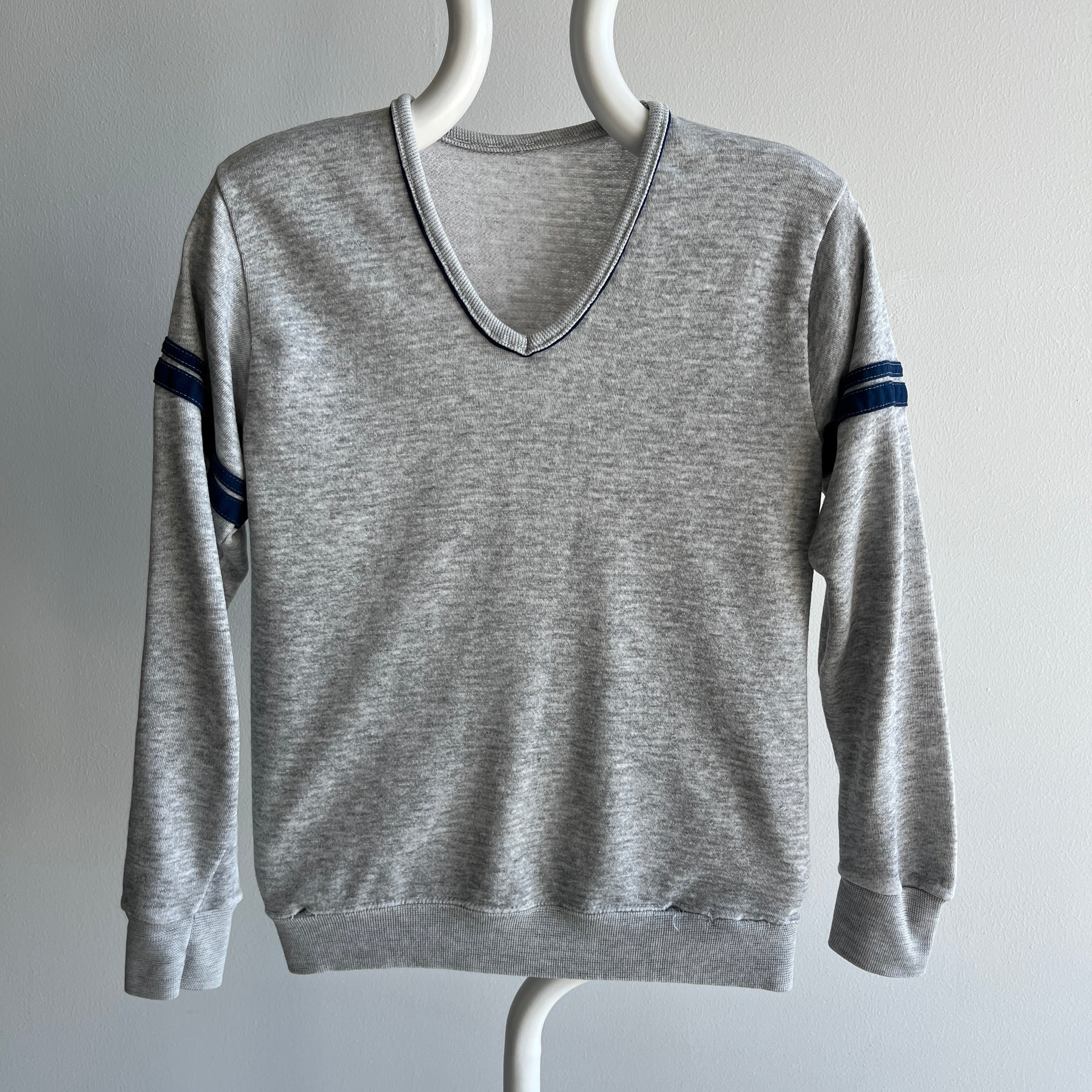 1980s Super Thin Double Stripe V-Neck Sweatshirt
