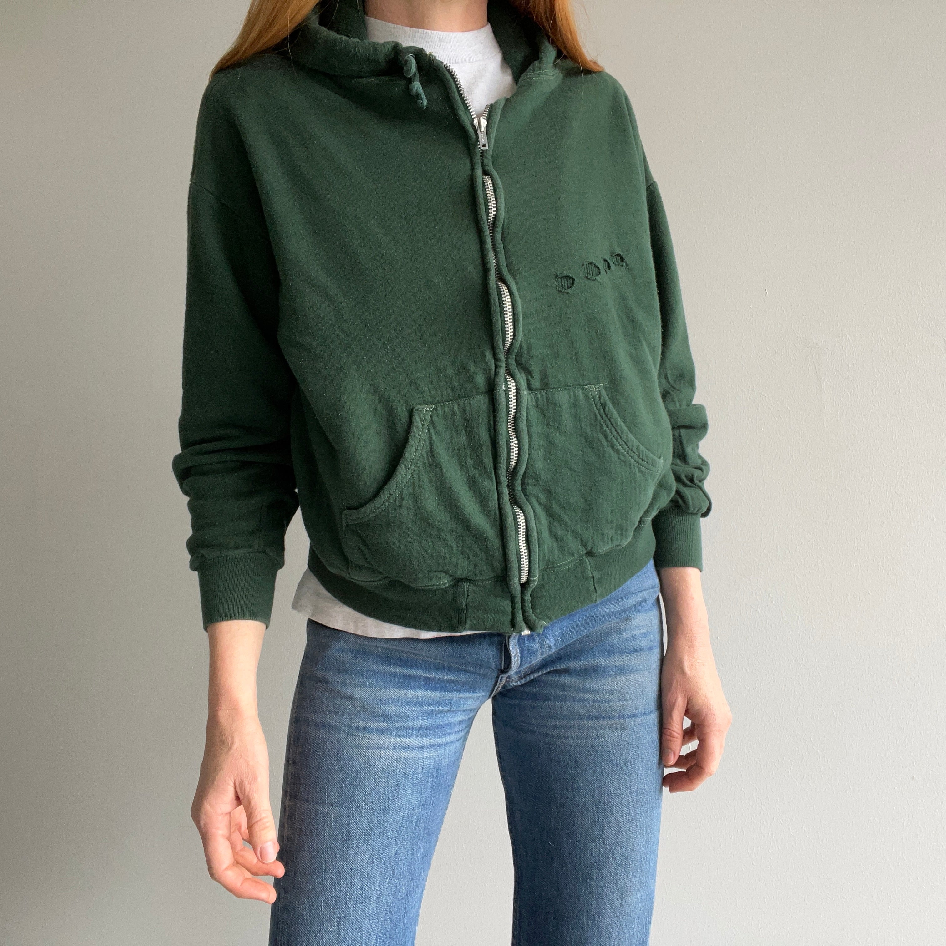 1970s Cotton!!! Waffle Lined Dark Green Beat Up Hoodie - Smaller Size