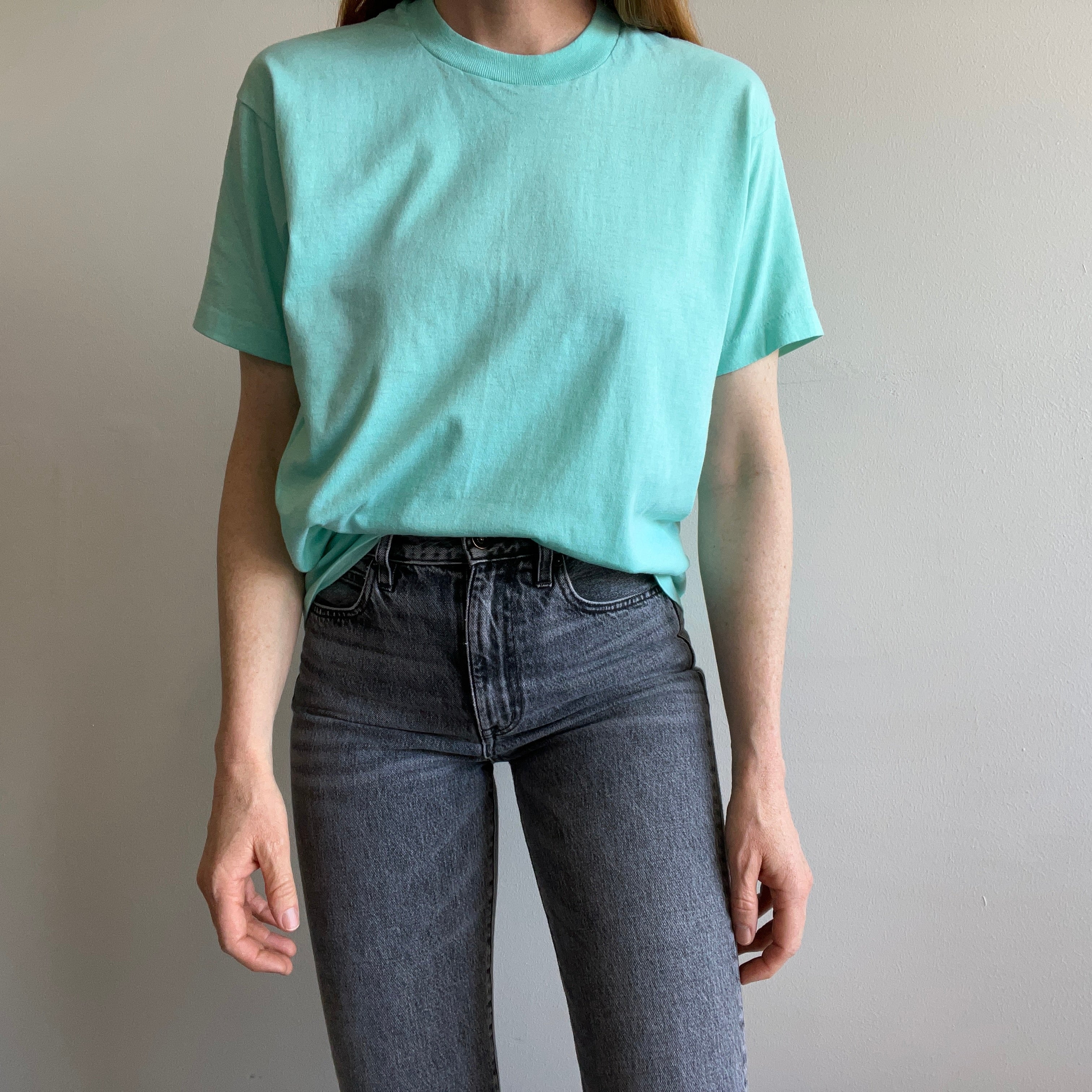 1980s Sea Foam Blue/Green Blank 50/50 T-Shirt with Fold Fades