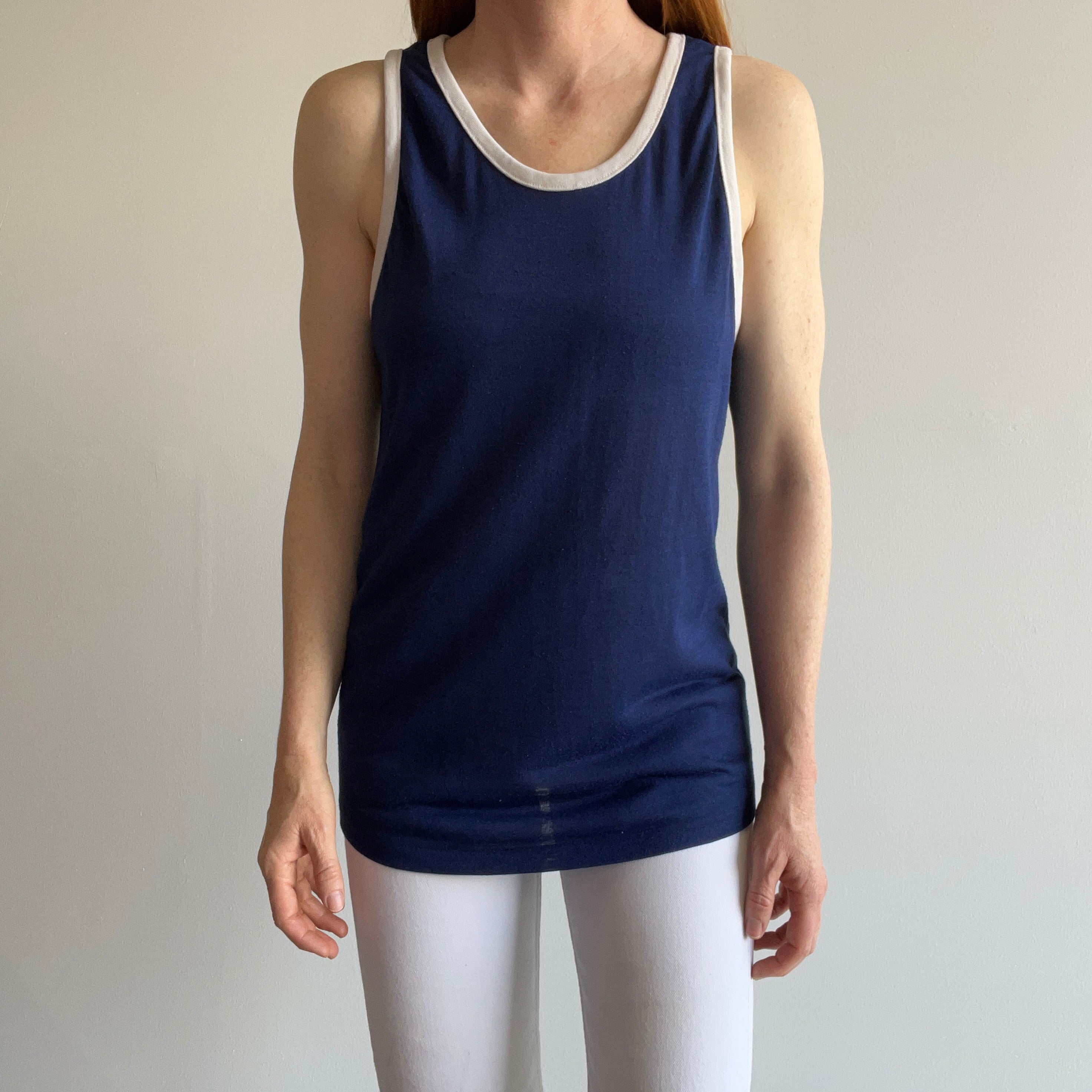 1970s Navy and White Thin and Slouchy Lovely Tank Top