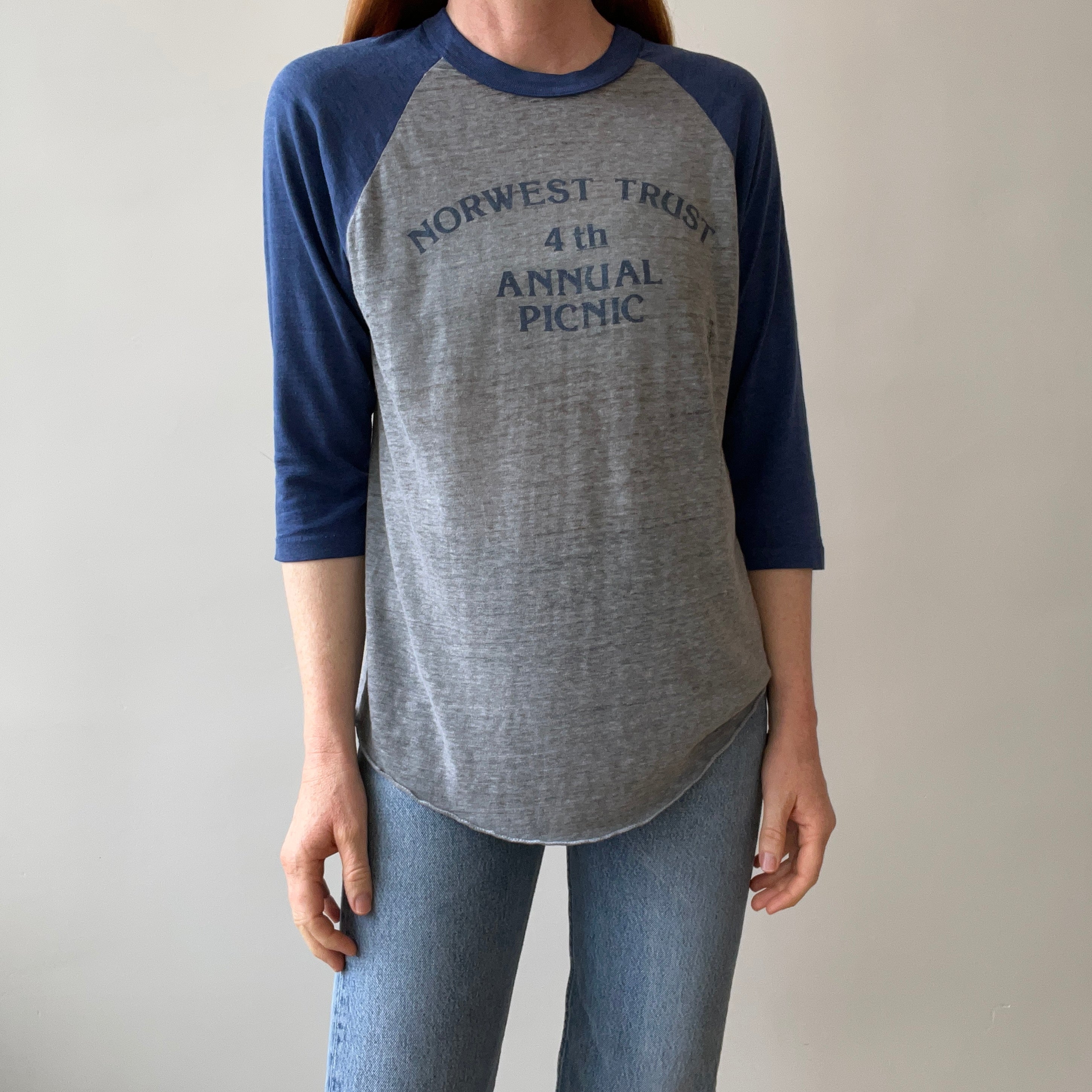 1984 Soft and Silky Paper Thin Norwest Trust Annual Picnic Baseball T-Shirt