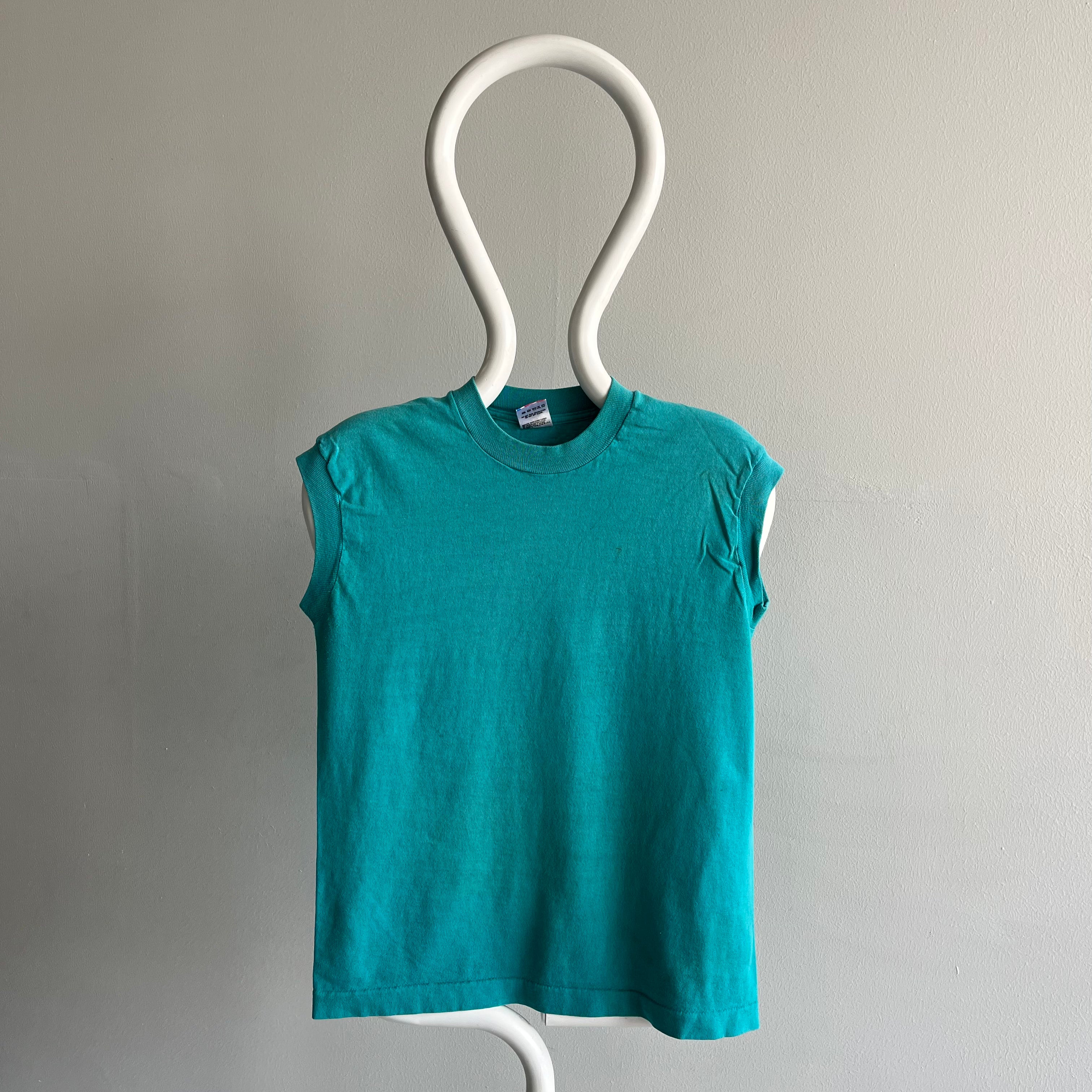 1980s Rad Sun Fading and Whiskering Teal Muscle Pocket Tank - YES!