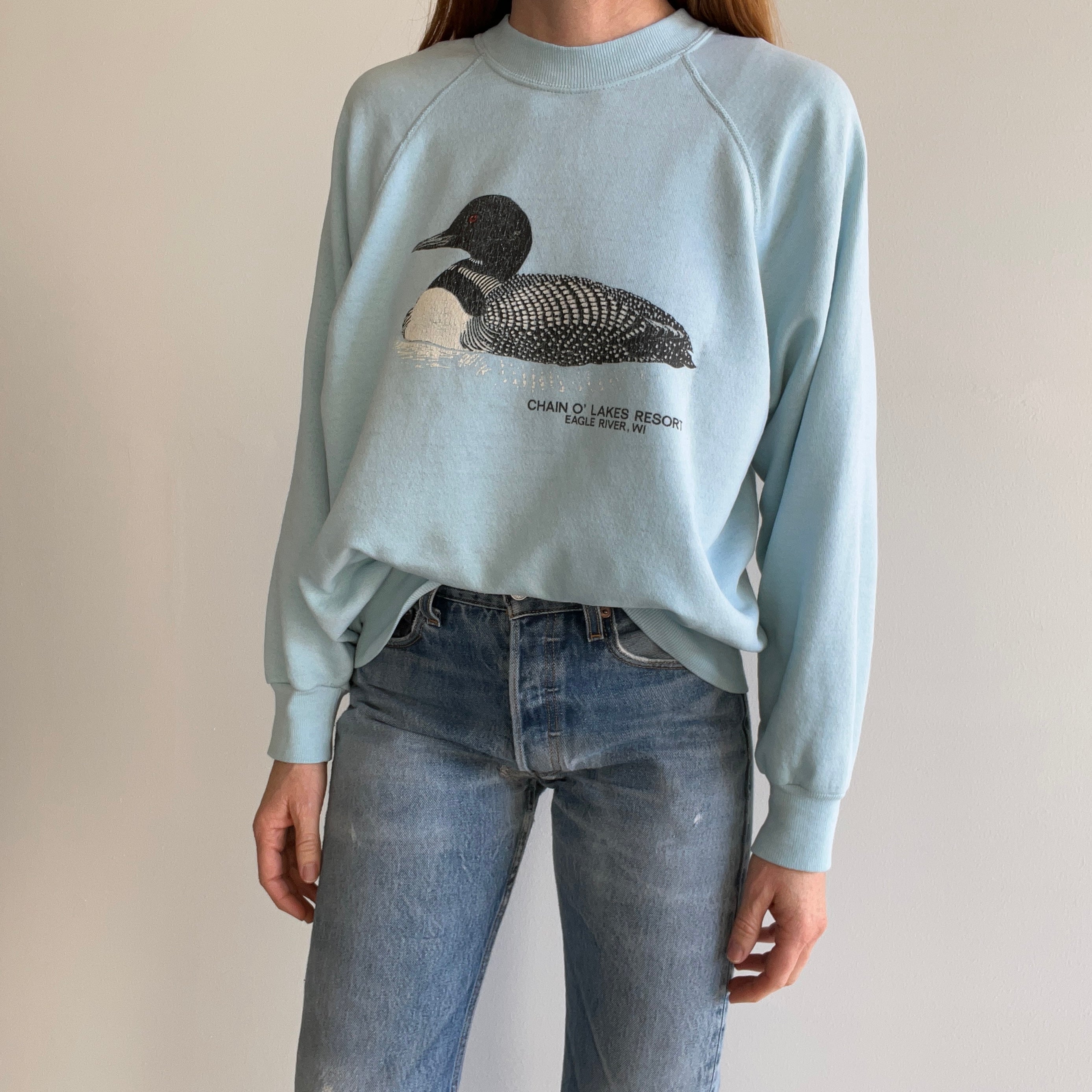 1980s Paper Thin Chain O' Lakes Resort. Eagle River, Wisconsin Duck Sweatshirt