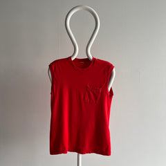 1980s (Early) Blank Red Pocket Muscle Tank with Contrast Stitching - AWWWWW