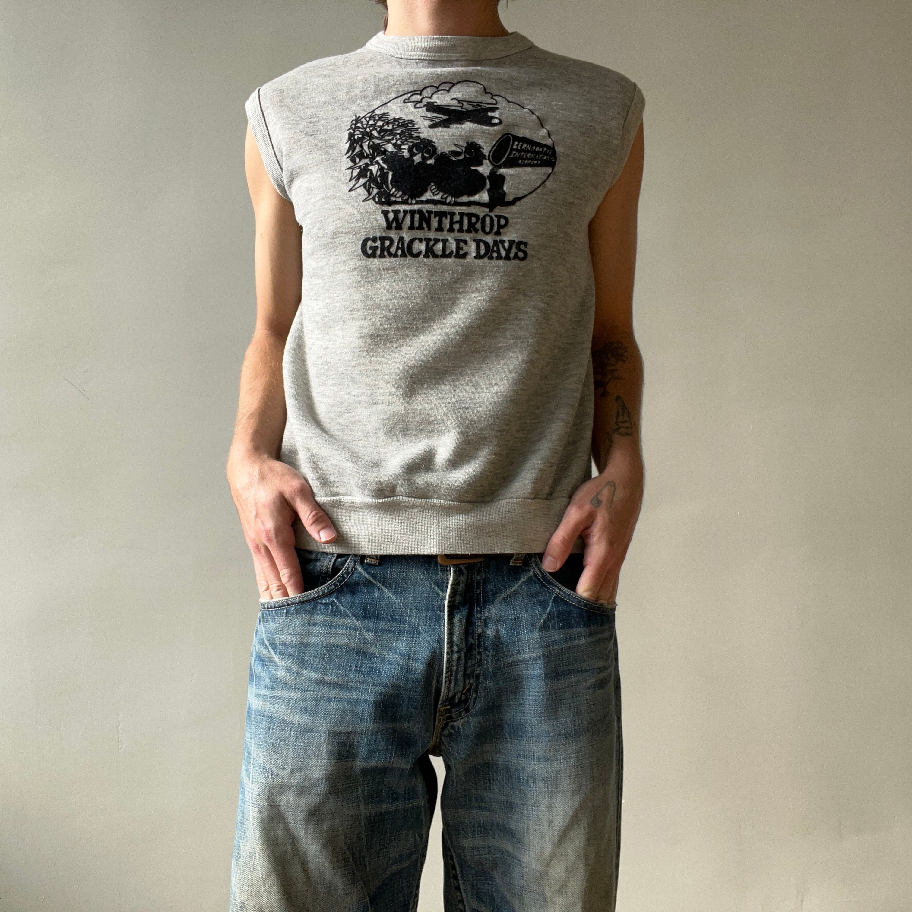 1970s Grey Winthrop Grackle Days Sleeveless Sweatshirt