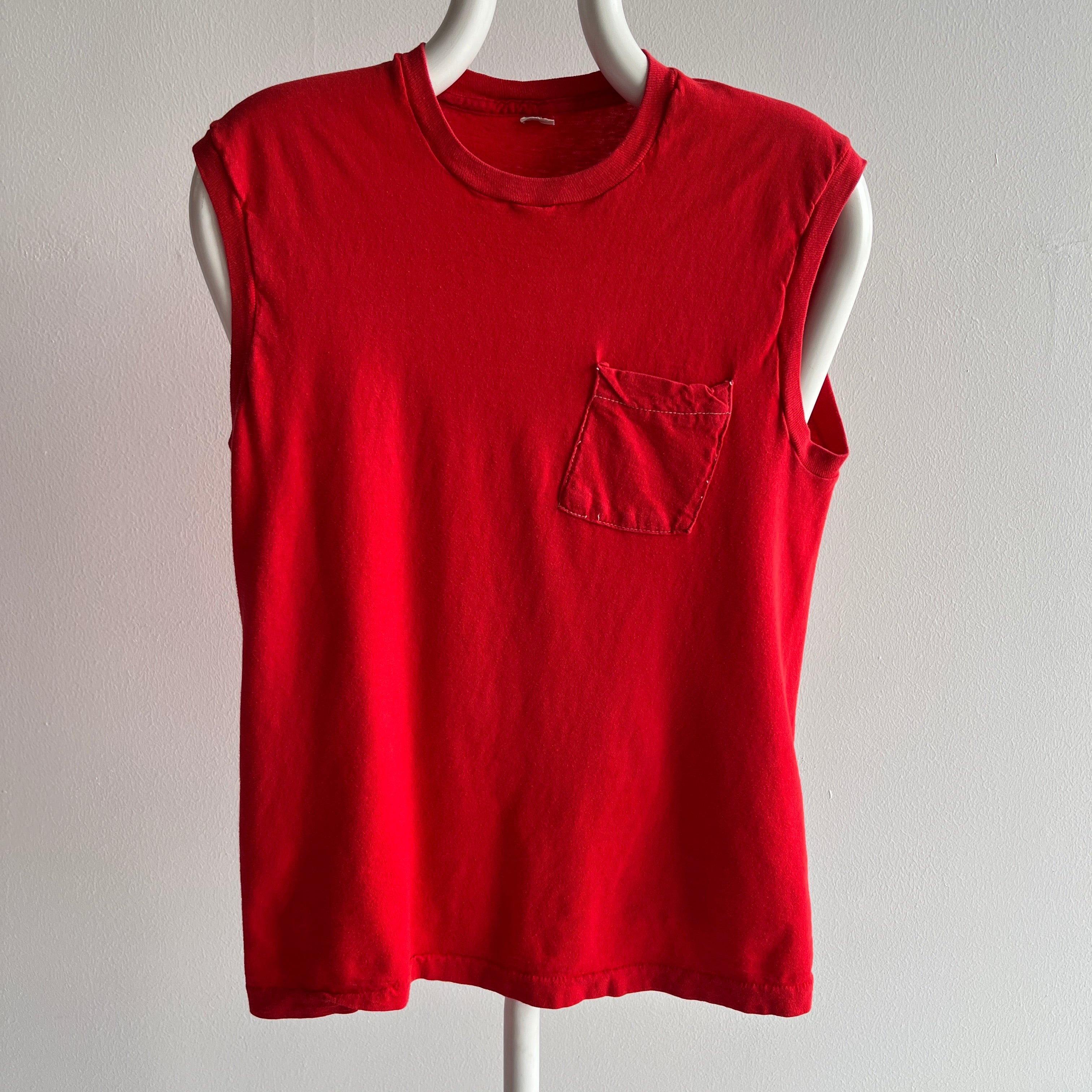 1980s (Early) Blank Red Pocket Muscle Tank with Contrast Stitching - AWWWWW