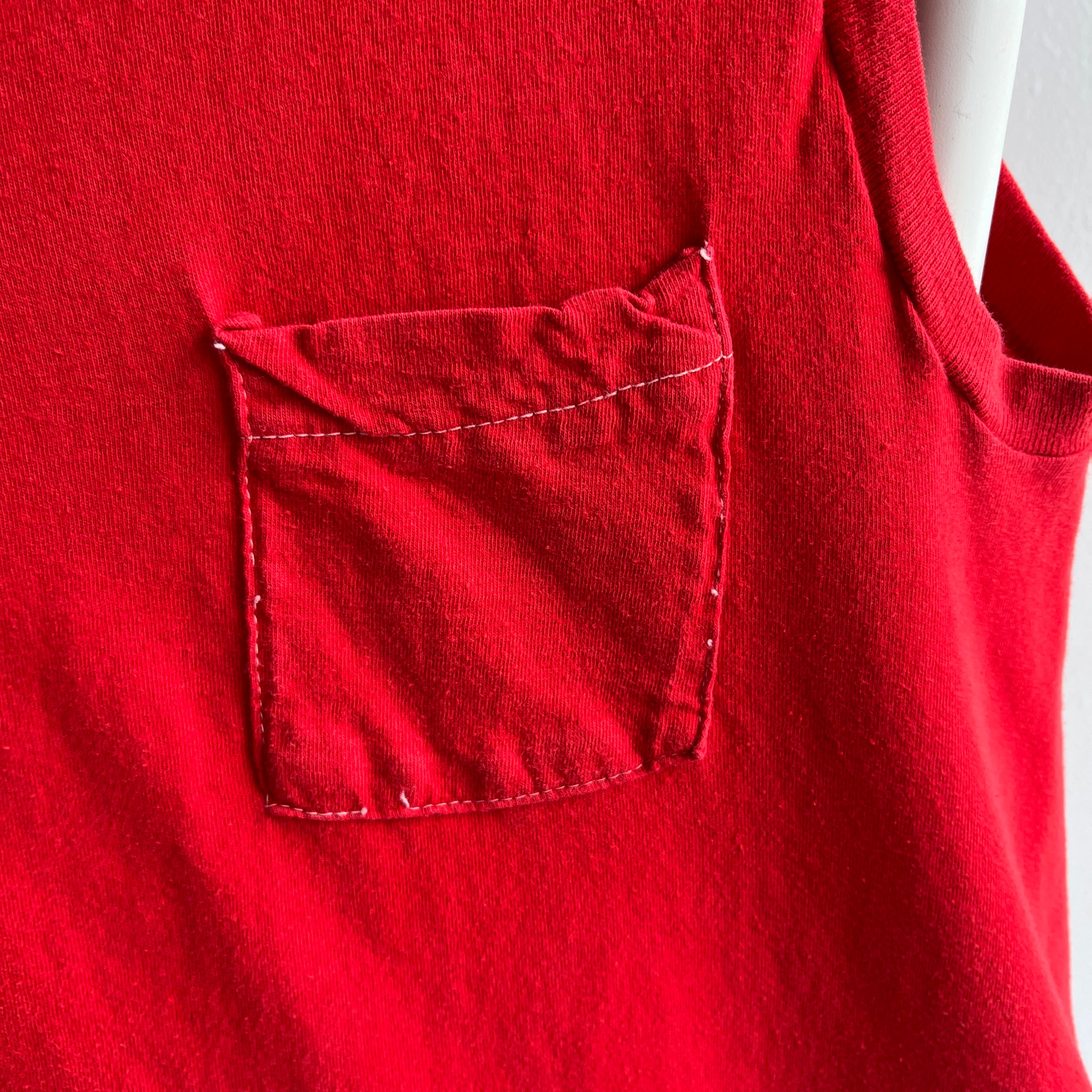 1980s (Early) Blank Red Pocket Muscle Tank with Contrast Stitching - AWWWWW