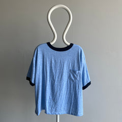 1970/80s Slouchy Larger Heather Blue Ring Tee with a Lovely Pocket (Wrinkled)