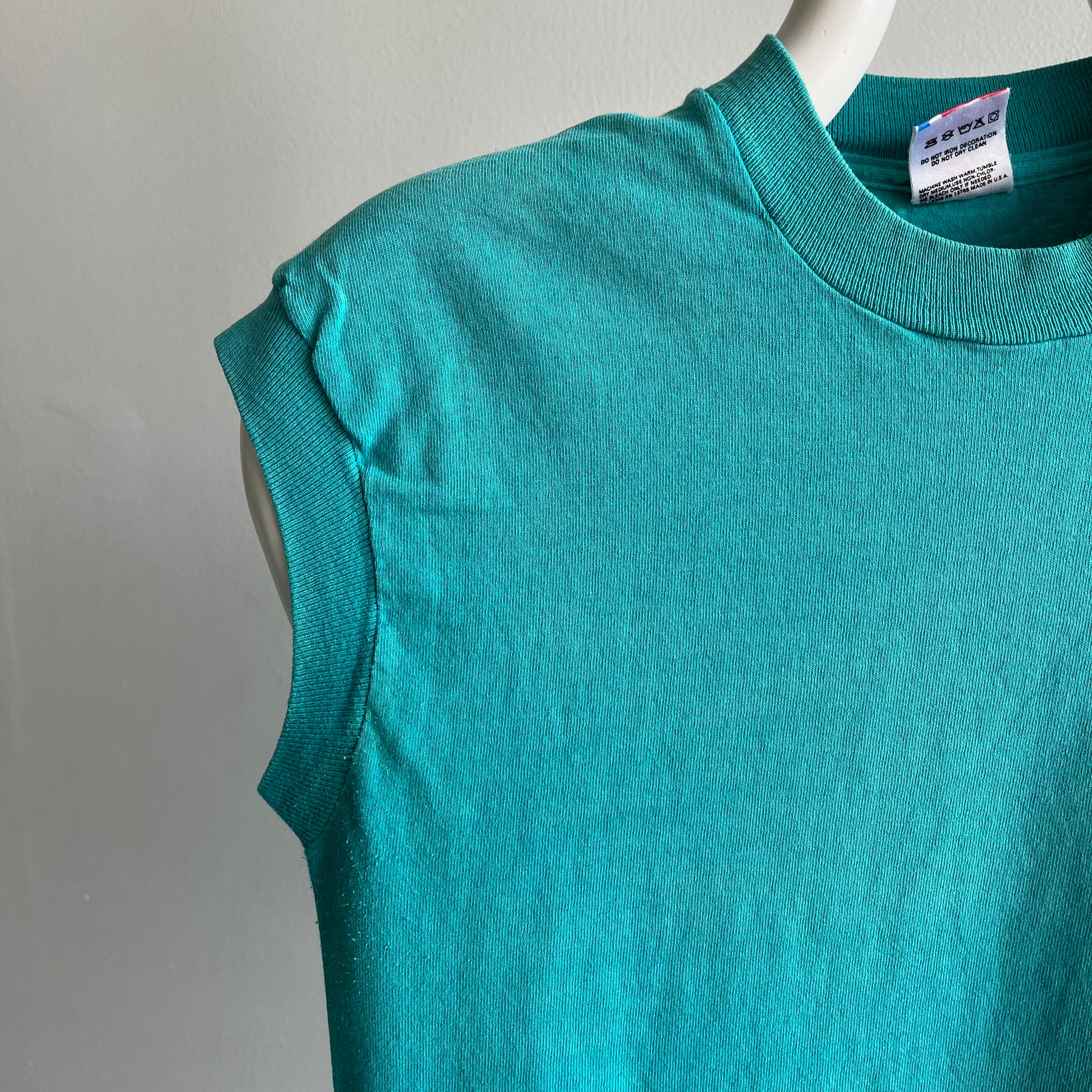 1980s Rad Sun Fading and Whiskering Teal Muscle Pocket Tank - YES!