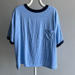 1970/80s Slouchy Larger Heather Blue Ring Tee with a Lovely Pocket (Wrinkled)