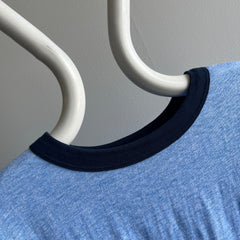 1970/80s Slouchy Larger Heather Blue Ring Tee with a Lovely Pocket (Wrinkled)