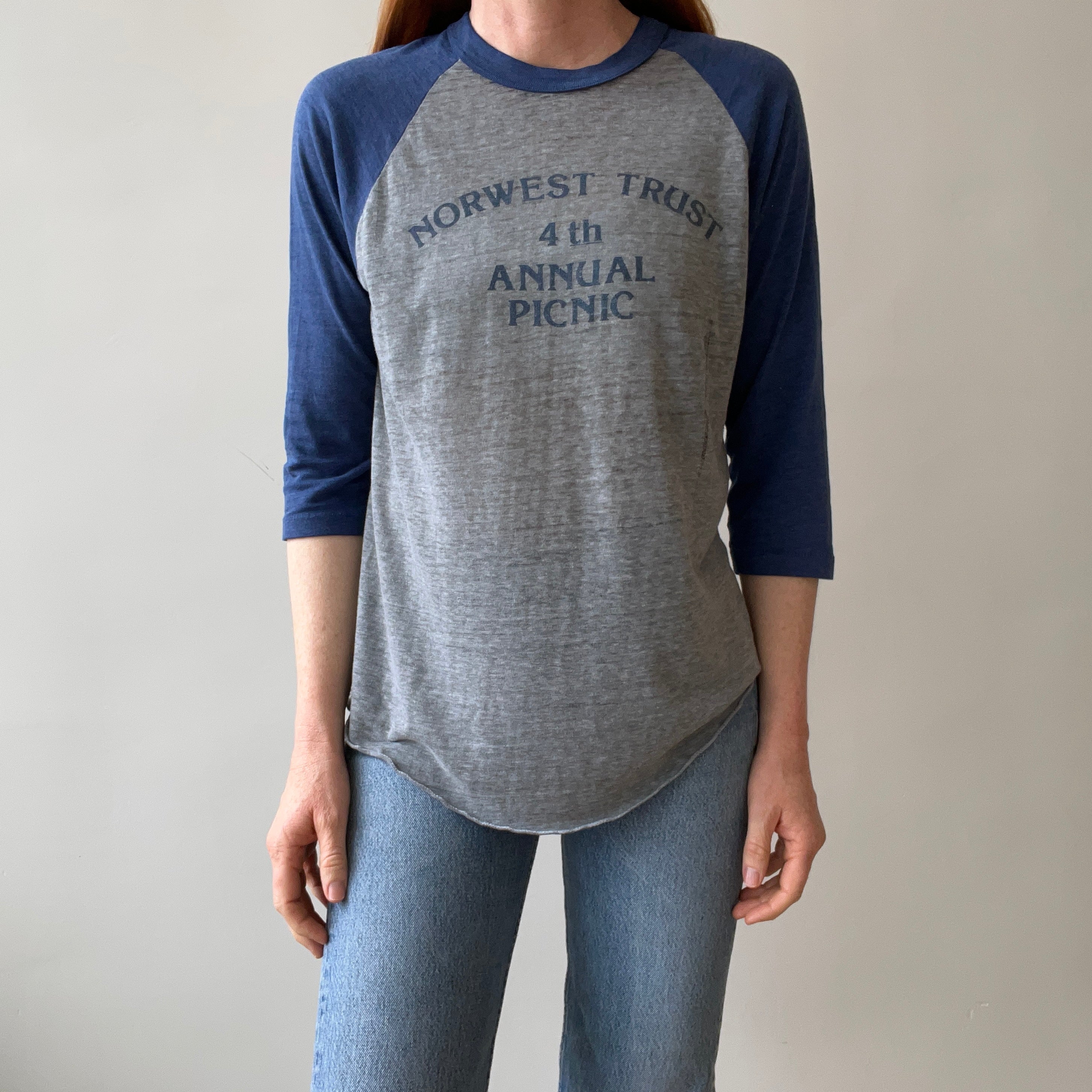 1984 Soft and Silky Paper Thin Norwest Trust Annual Picnic Baseball T-Shirt