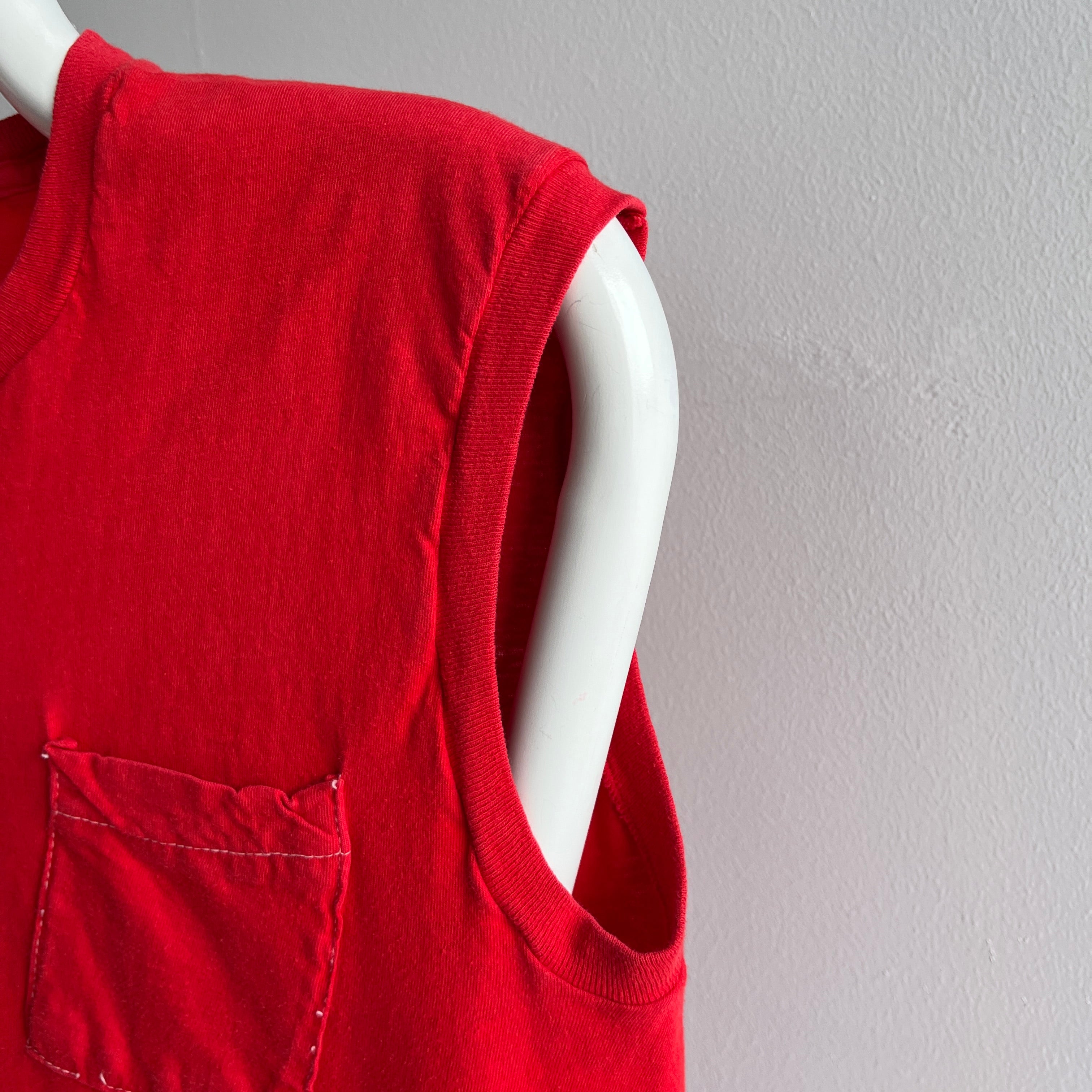 1980s (Early) Blank Red Pocket Muscle Tank with Contrast Stitching - AWWWWW