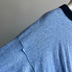 1970/80s Slouchy Larger Heather Blue Ring Tee with a Lovely Pocket (Wrinkled)