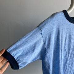 1970/80s Slouchy Larger Heather Blue Ring Tee with a Lovely Pocket (Wrinkled)