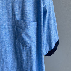 1970/80s Slouchy Larger Heather Blue Ring Tee with a Lovely Pocket (Wrinkled)