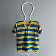 1980s Yellow and Blue V-Neck with Hand Mending at the Seams