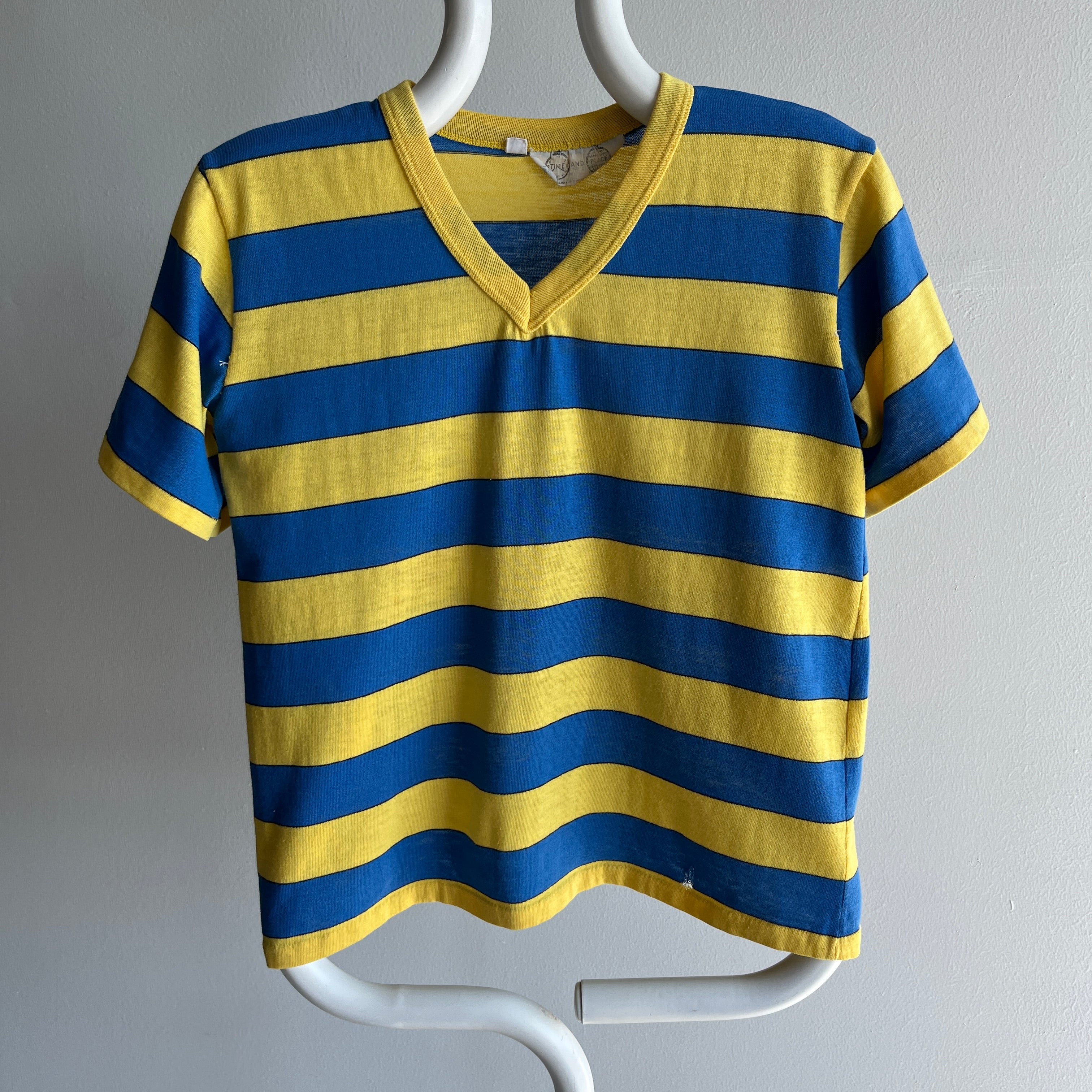 1980s Yellow and Blue V-Neck with Hand Mending at the Seams