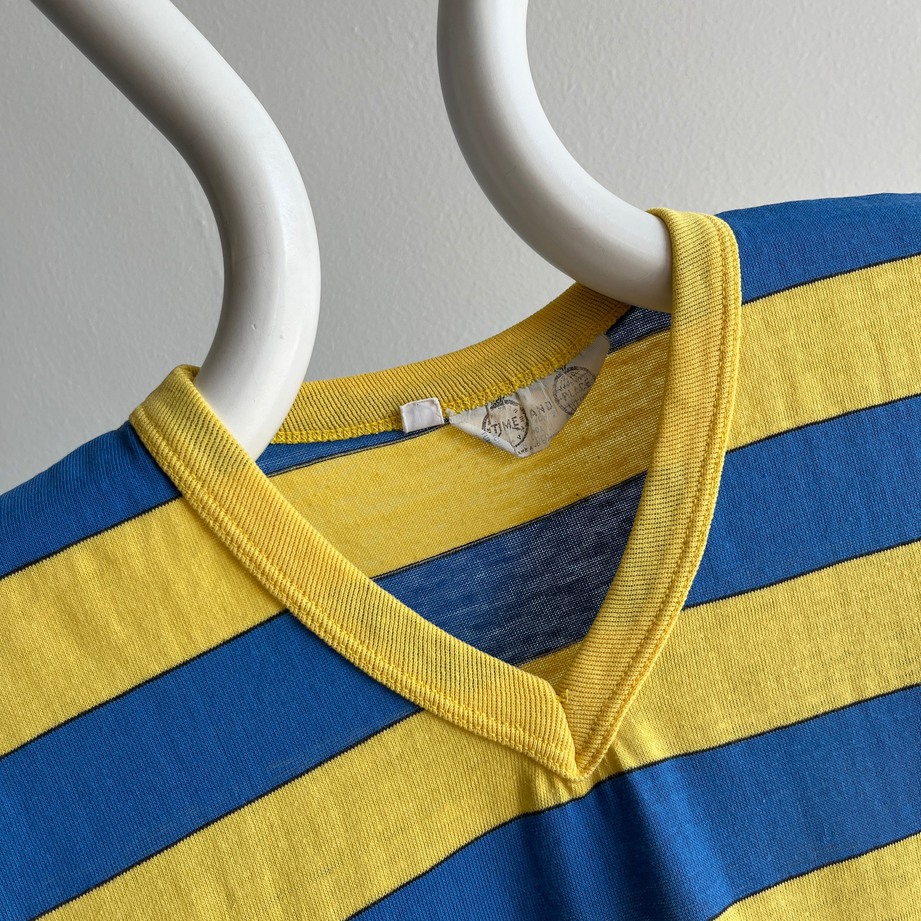 1980s Yellow and Blue V-Neck with Hand Mending at the Seams