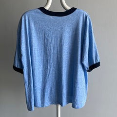 1970/80s Slouchy Larger Heather Blue Ring Tee with a Lovely Pocket (Wrinkled)