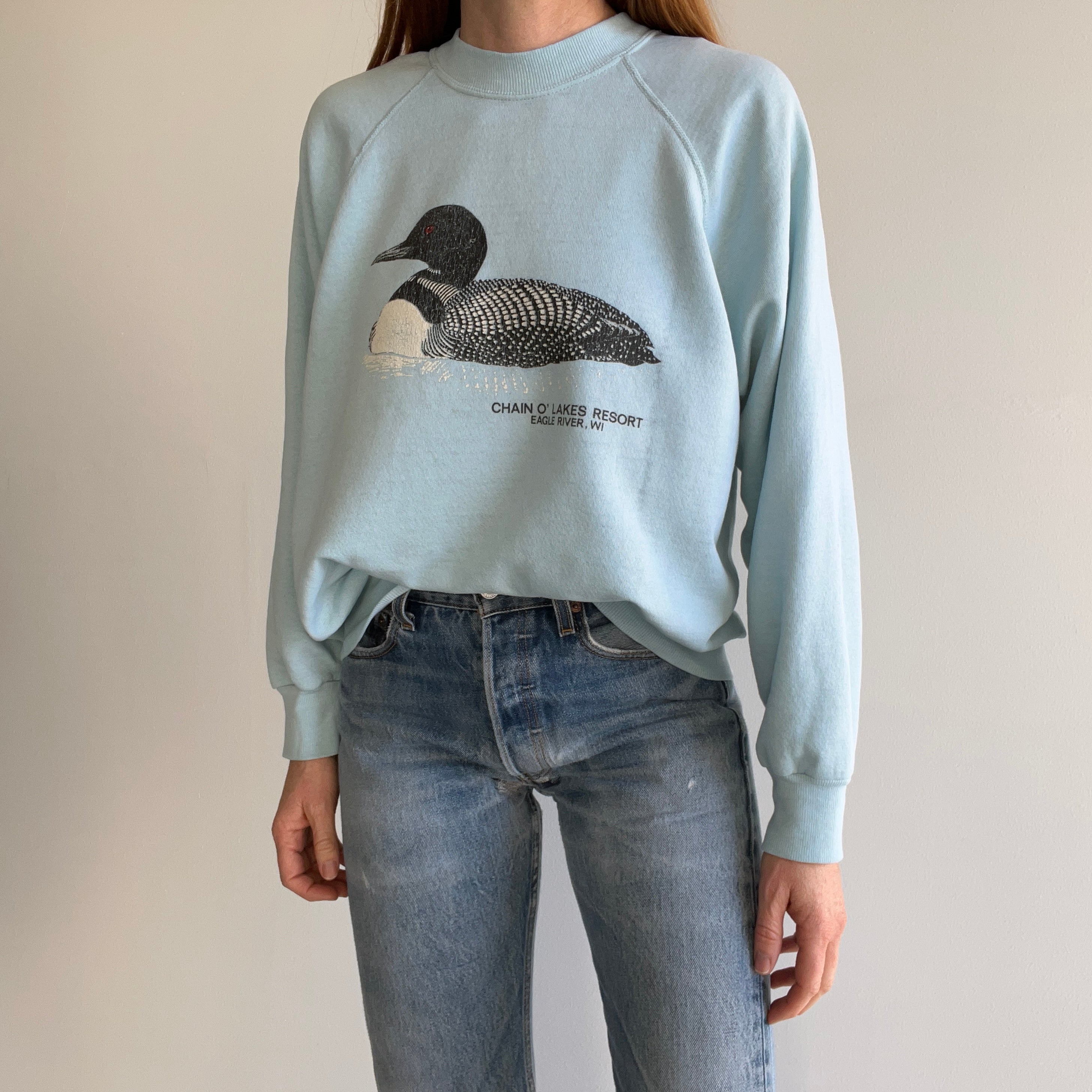 1980s Paper Thin Chain O' Lakes Resort. Eagle River, Wisconsin Duck Sweatshirt