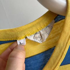 1980s Yellow and Blue V-Neck with Hand Mending at the Seams