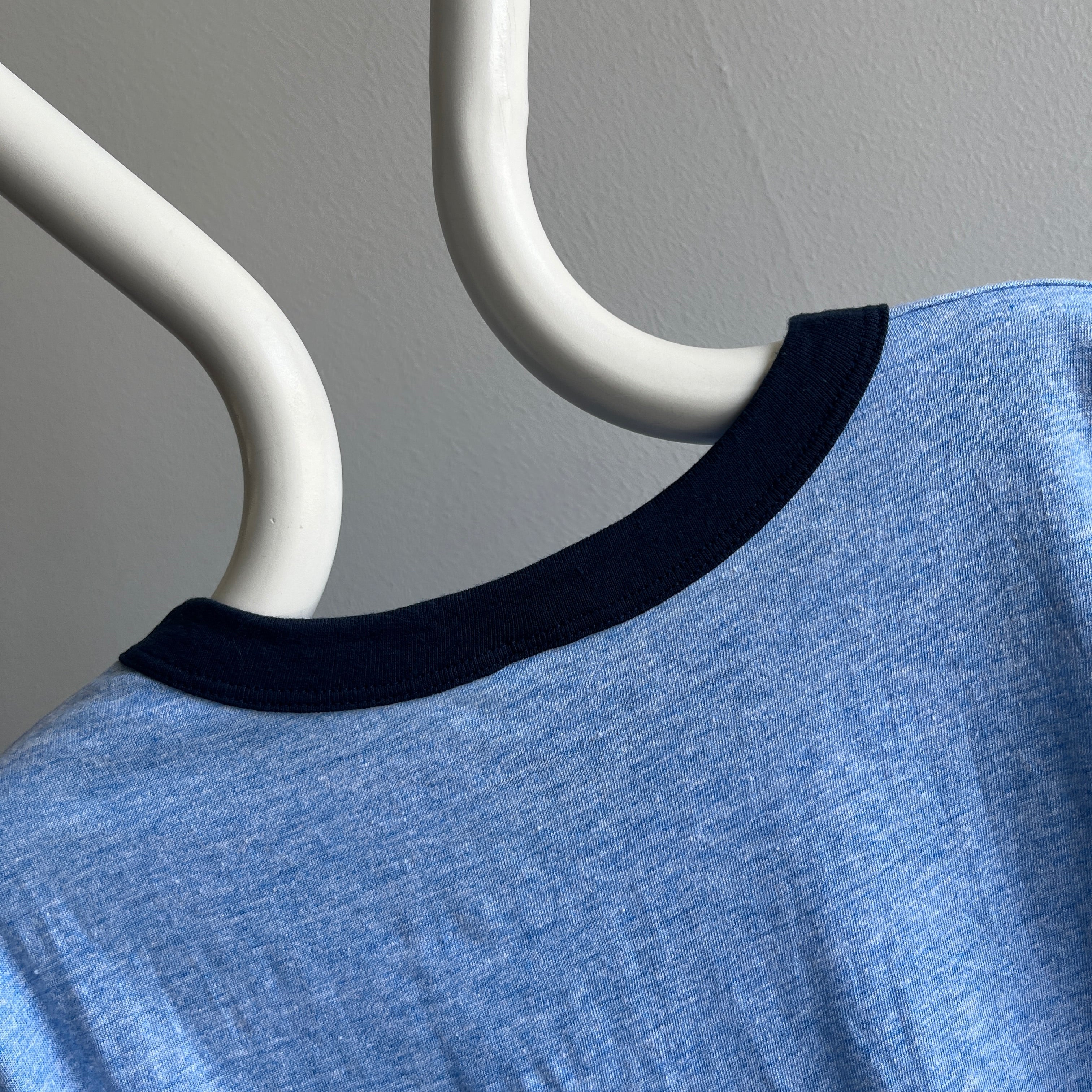 1970/80s Slouchy Larger Heather Blue Ring Tee with a Lovely Pocket (Wrinkled)