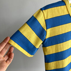 1980s Yellow and Blue V-Neck with Hand Mending at the Seams