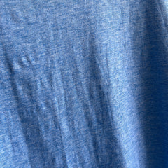 1970/80s Slouchy Larger Heather Blue Ring Tee with a Lovely Pocket (Wrinkled)