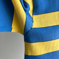 1980s Yellow and Blue V-Neck with Hand Mending at the Seams