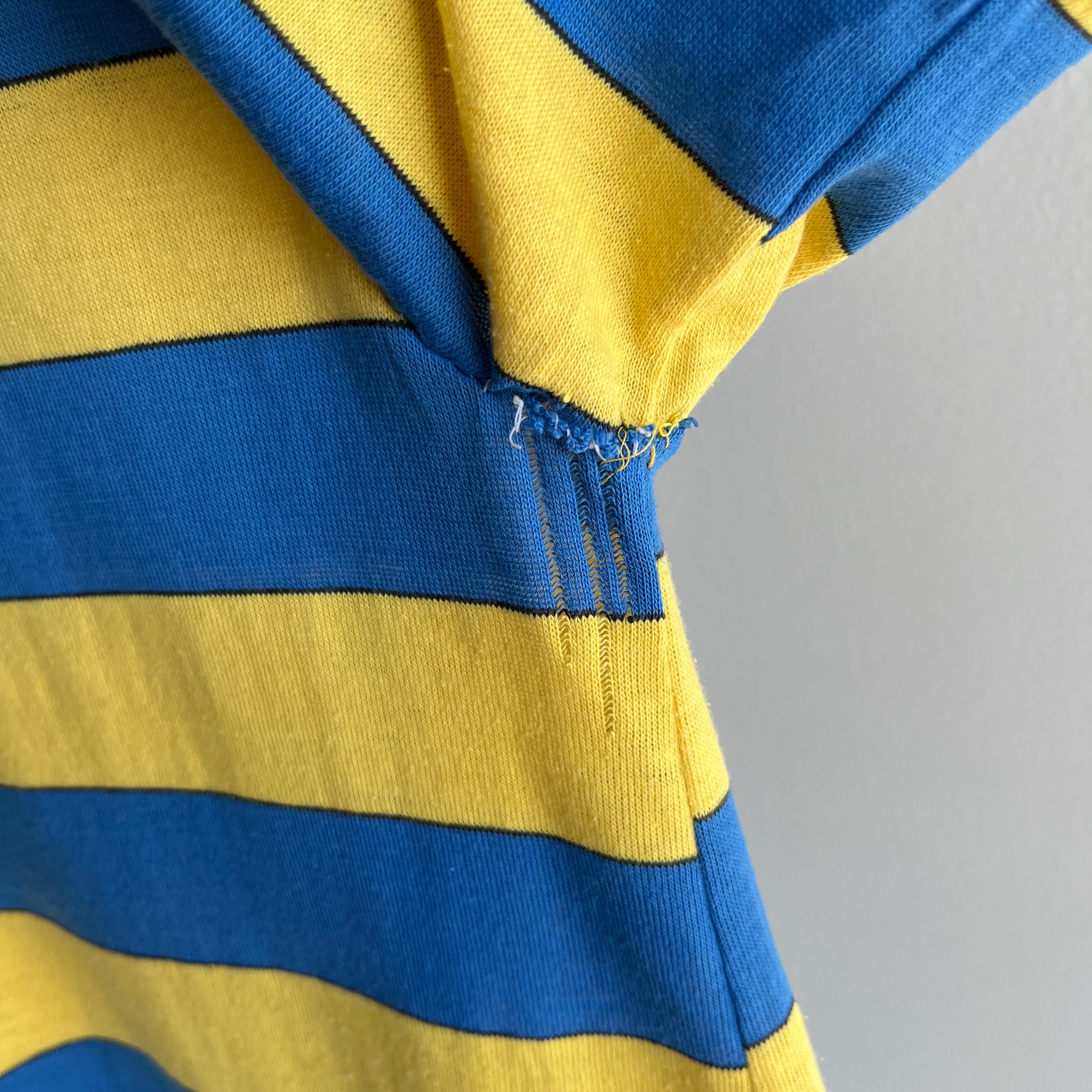 1980s Yellow and Blue V-Neck with Hand Mending at the Seams