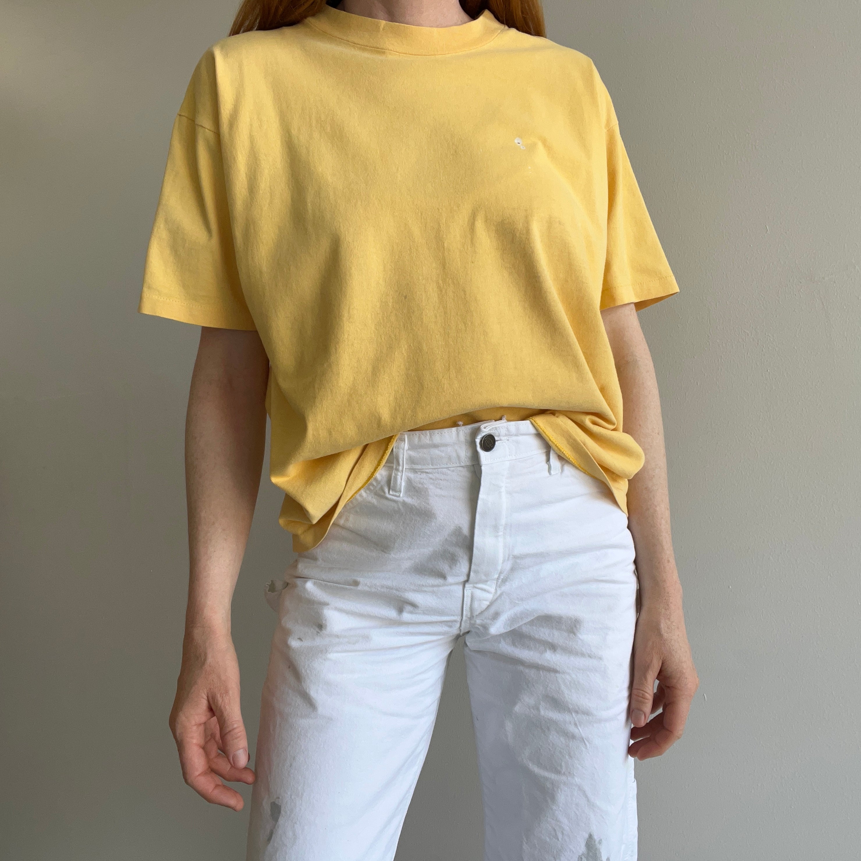 1990s Pale Buttery Yellow HHW Nicely Stained in All the Right Ways Cotton T-Shirt