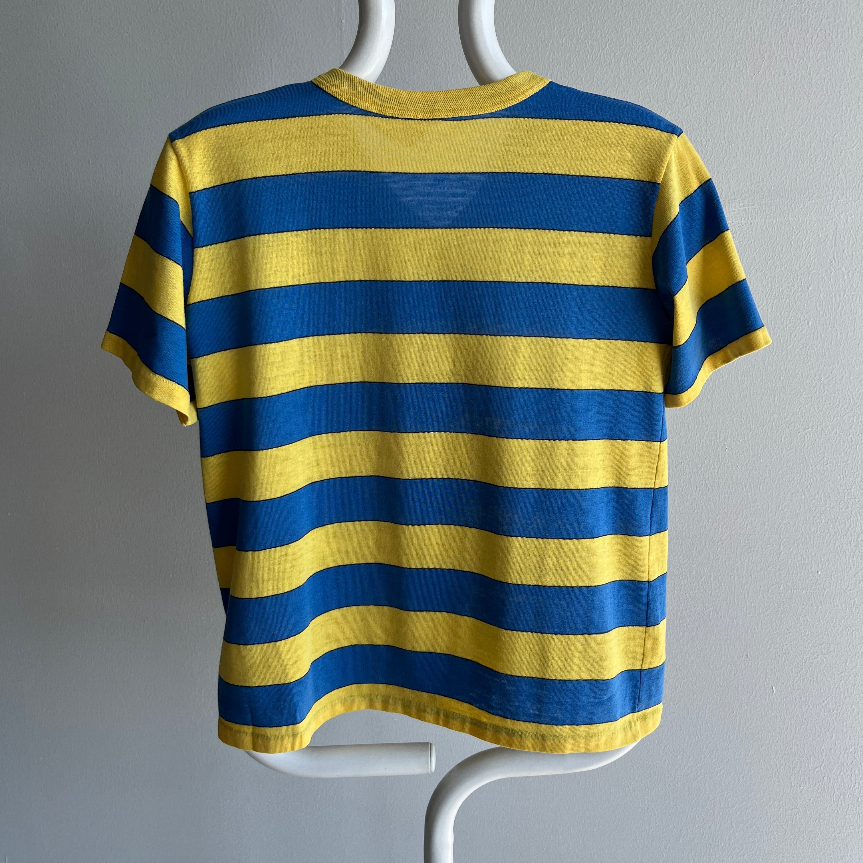 1980s Yellow and Blue V-Neck with Hand Mending at the Seams