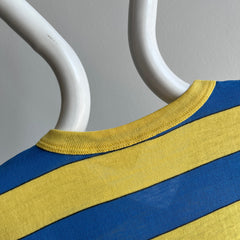 1980s Yellow and Blue V-Neck with Hand Mending at the Seams