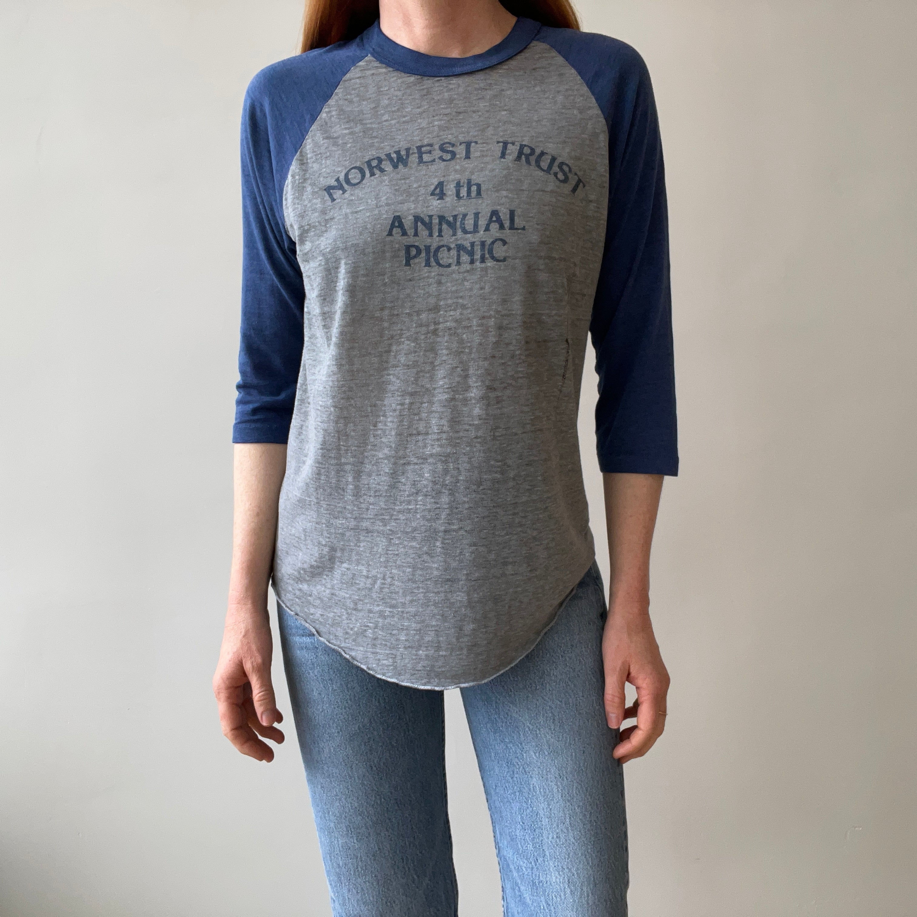 1984 Soft and Silky Paper Thin Norwest Trust Annual Picnic Baseball T-Shirt