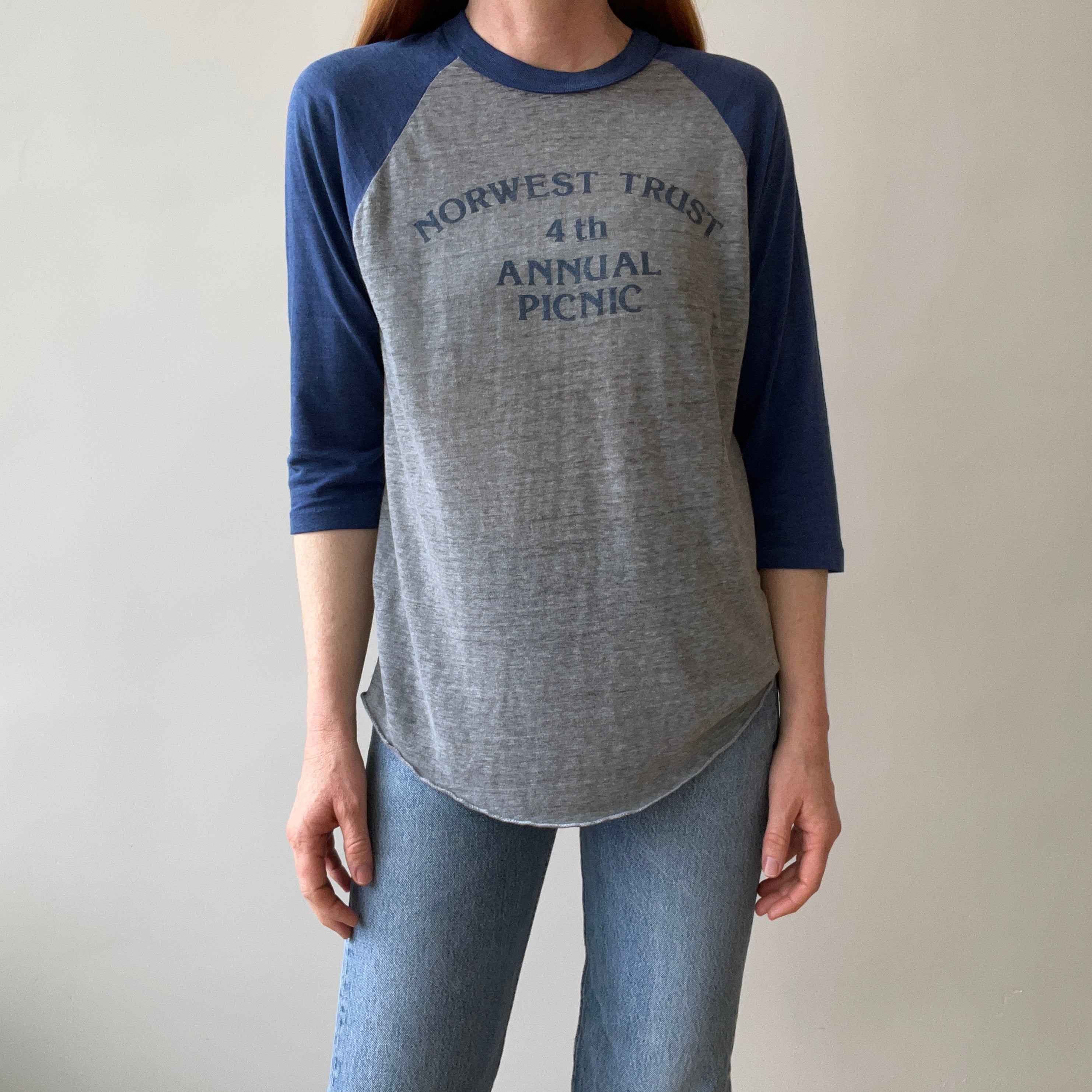 1984 Soft and Silky Paper Thin Norwest Trust Annual Picnic Baseball T-Shirt