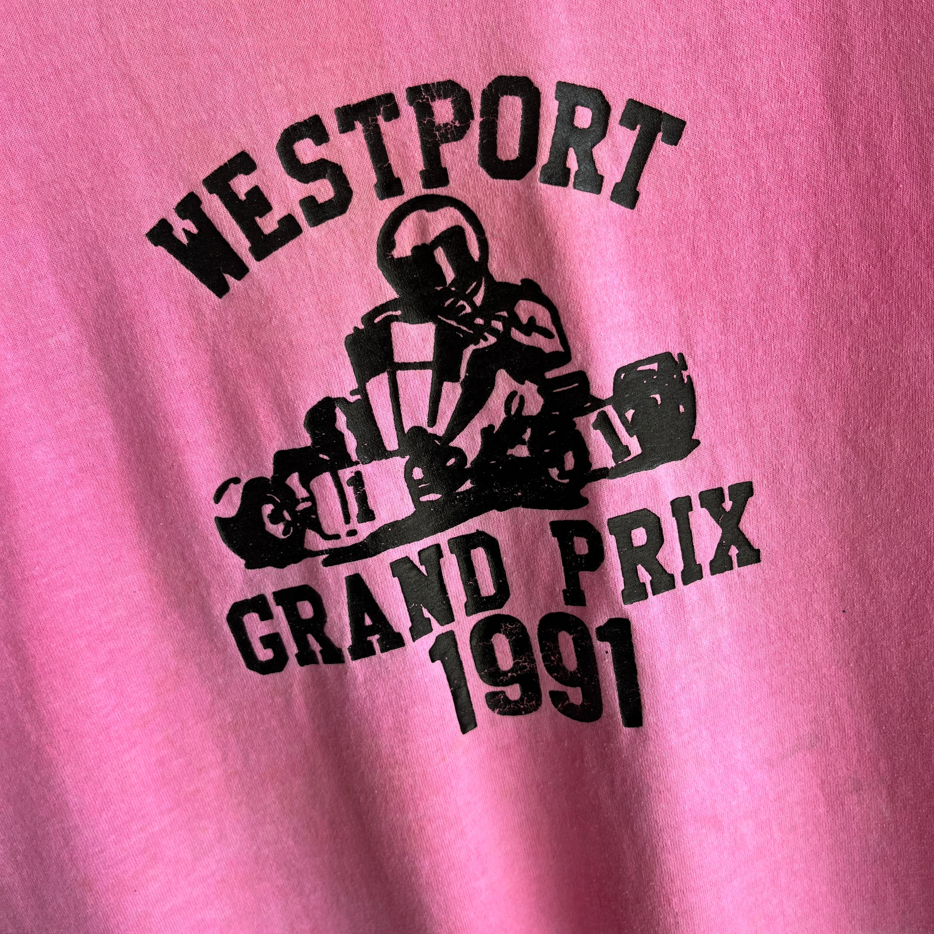 1980s Westport Grand Prix Extreme Sun Fade Cotton T-Shirt - Staining