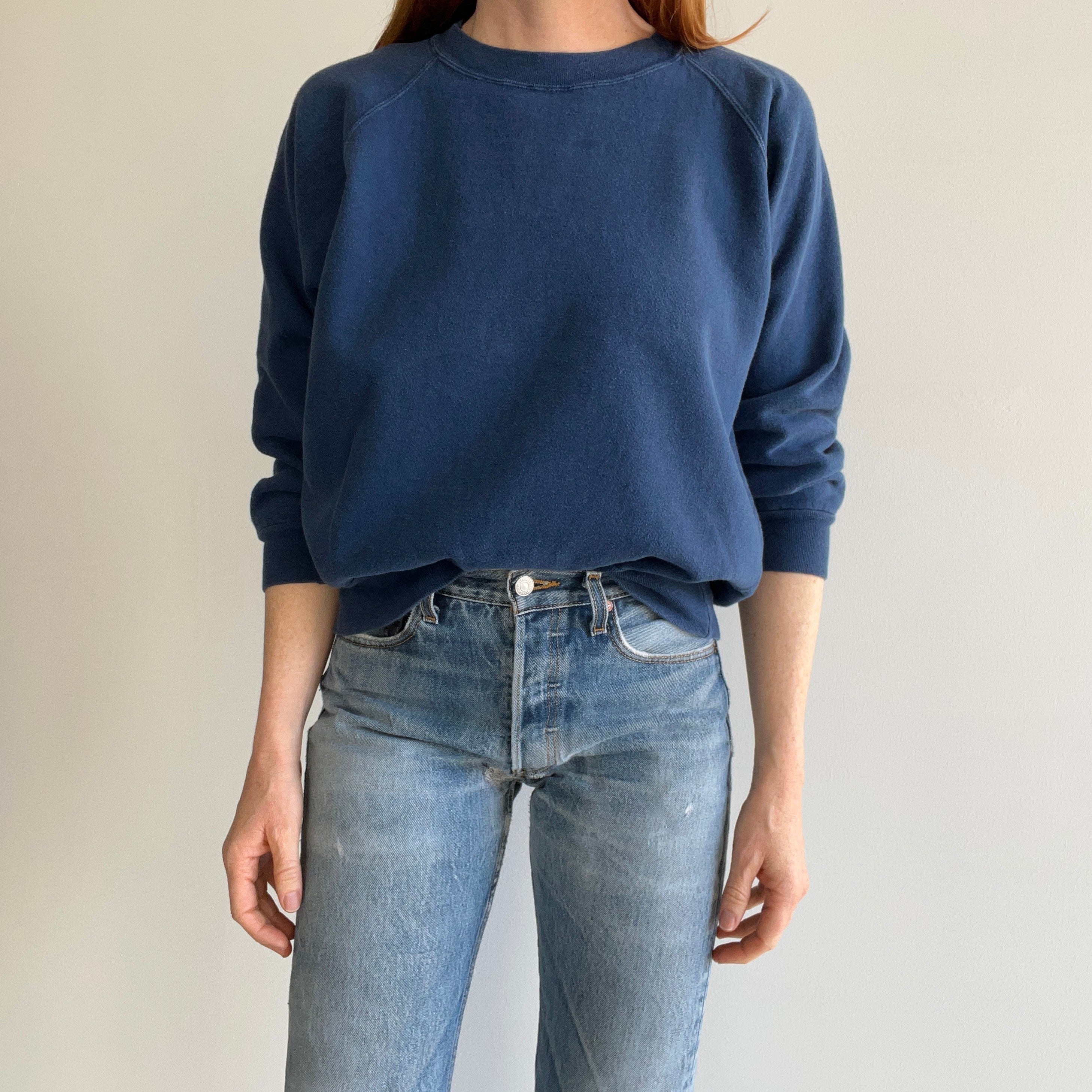 1980s Mostly Cotton Blank Navy Raglan - A Gem