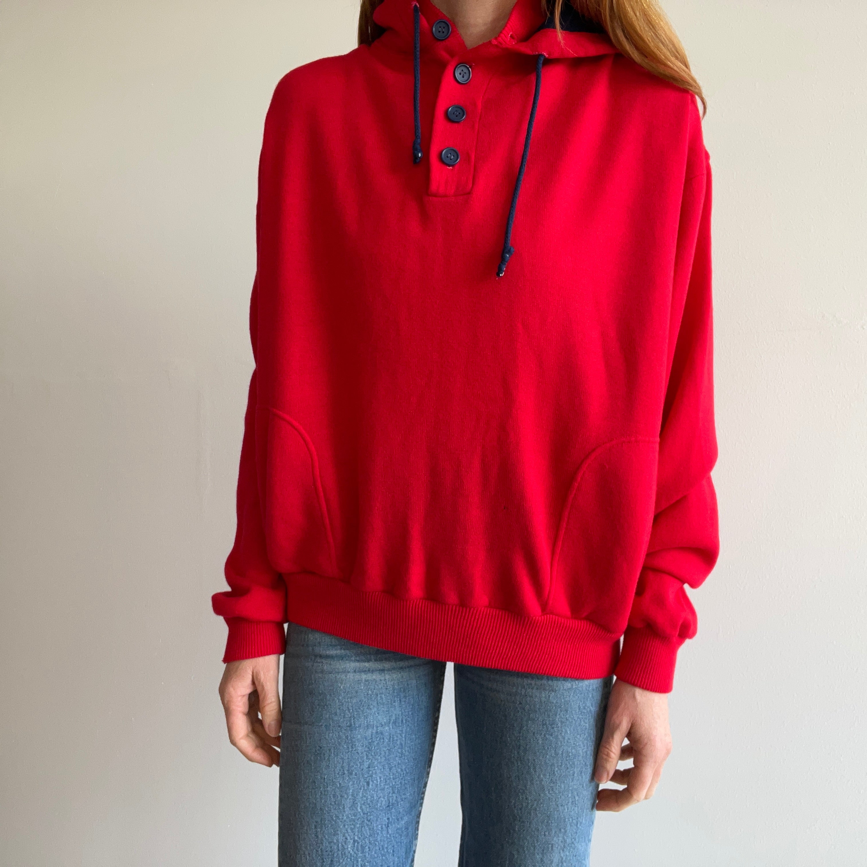 1970/80s Knit Henley Two Tone Hoodie with Pockets!