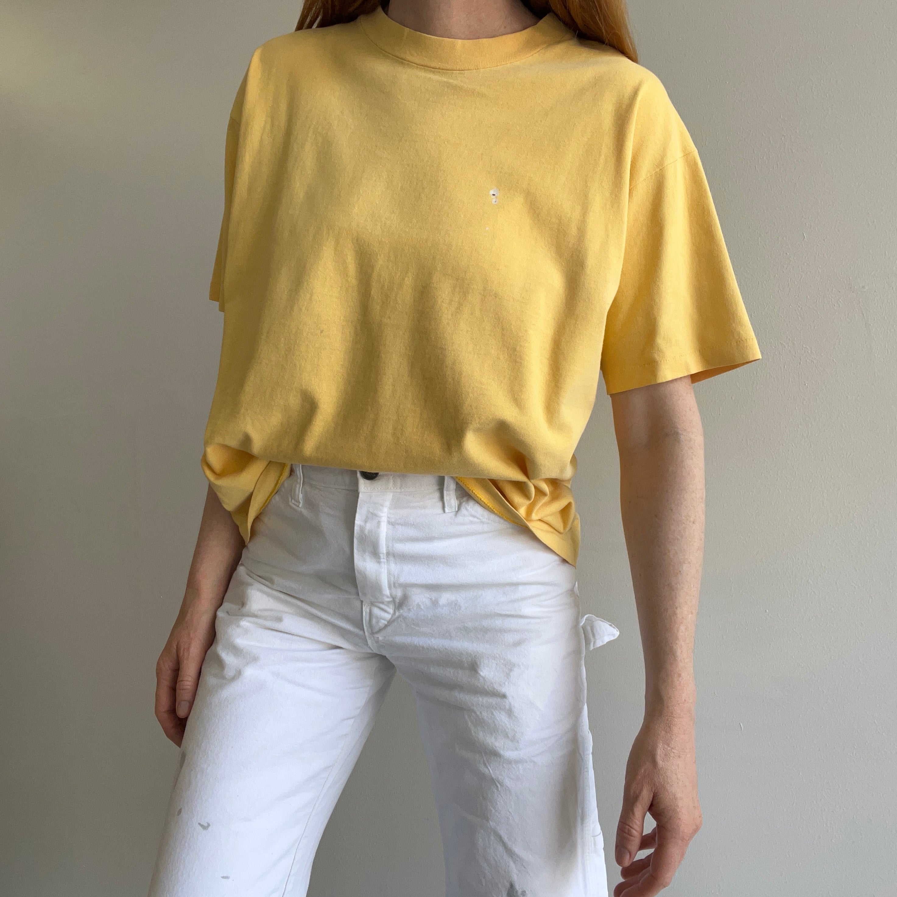 1990s Pale Buttery Yellow HHW Nicely Stained in All the Right Ways Cotton T-Shirt