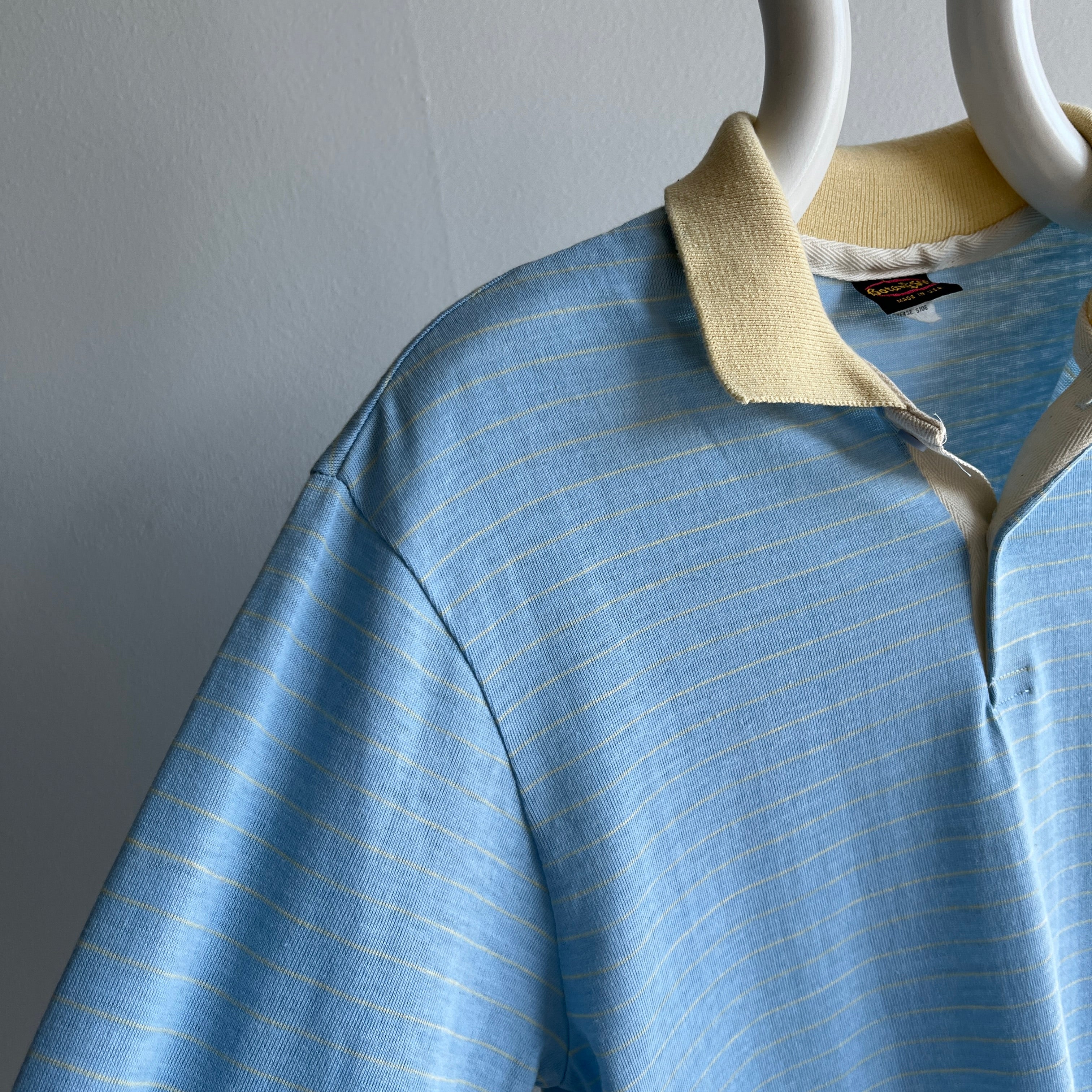 1970/80s Baby Blue Pin Stripe Long Sleeve Polo Shirt