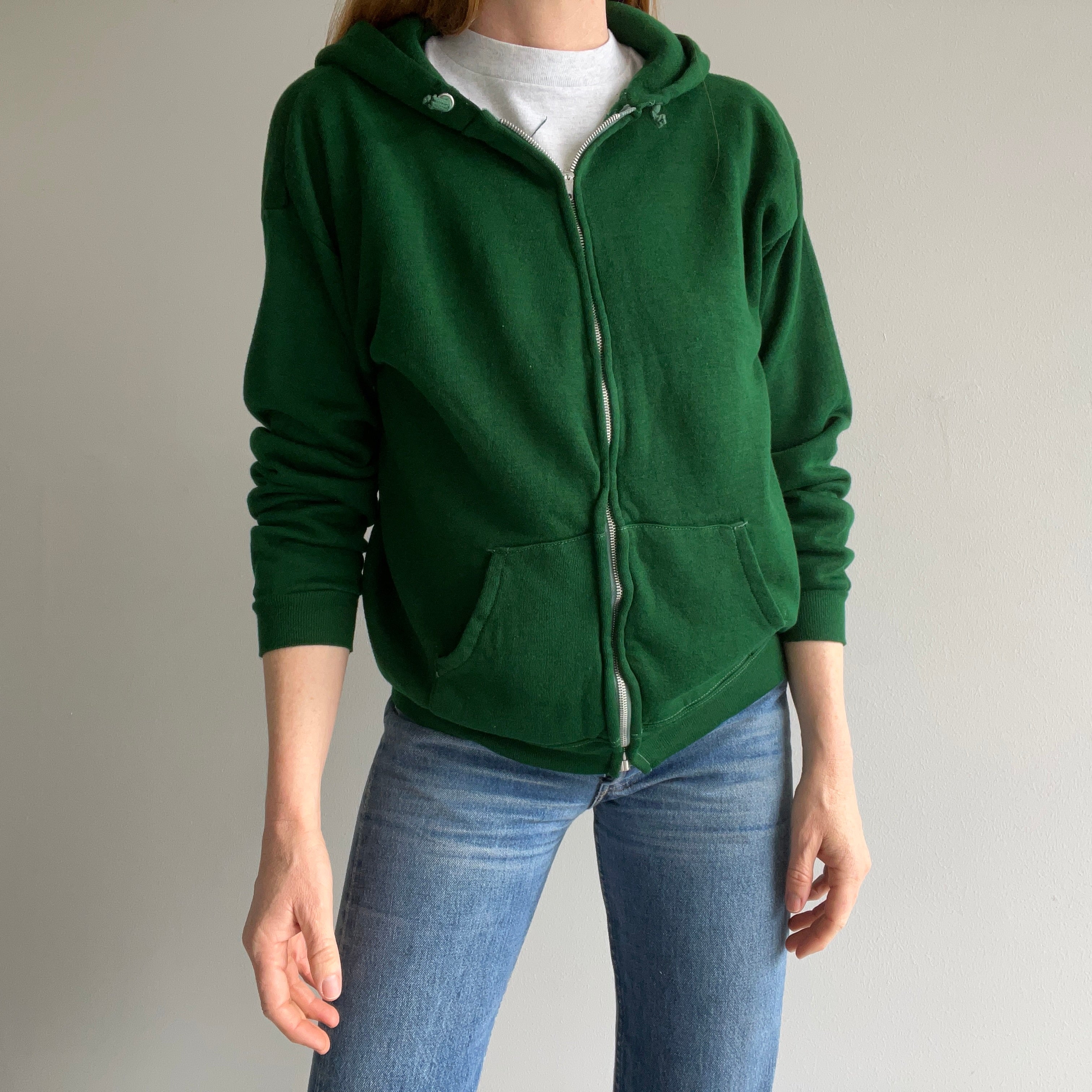 1970s Zip Up Green Acrylic Zip Up Hoodie - Excellent Cond.