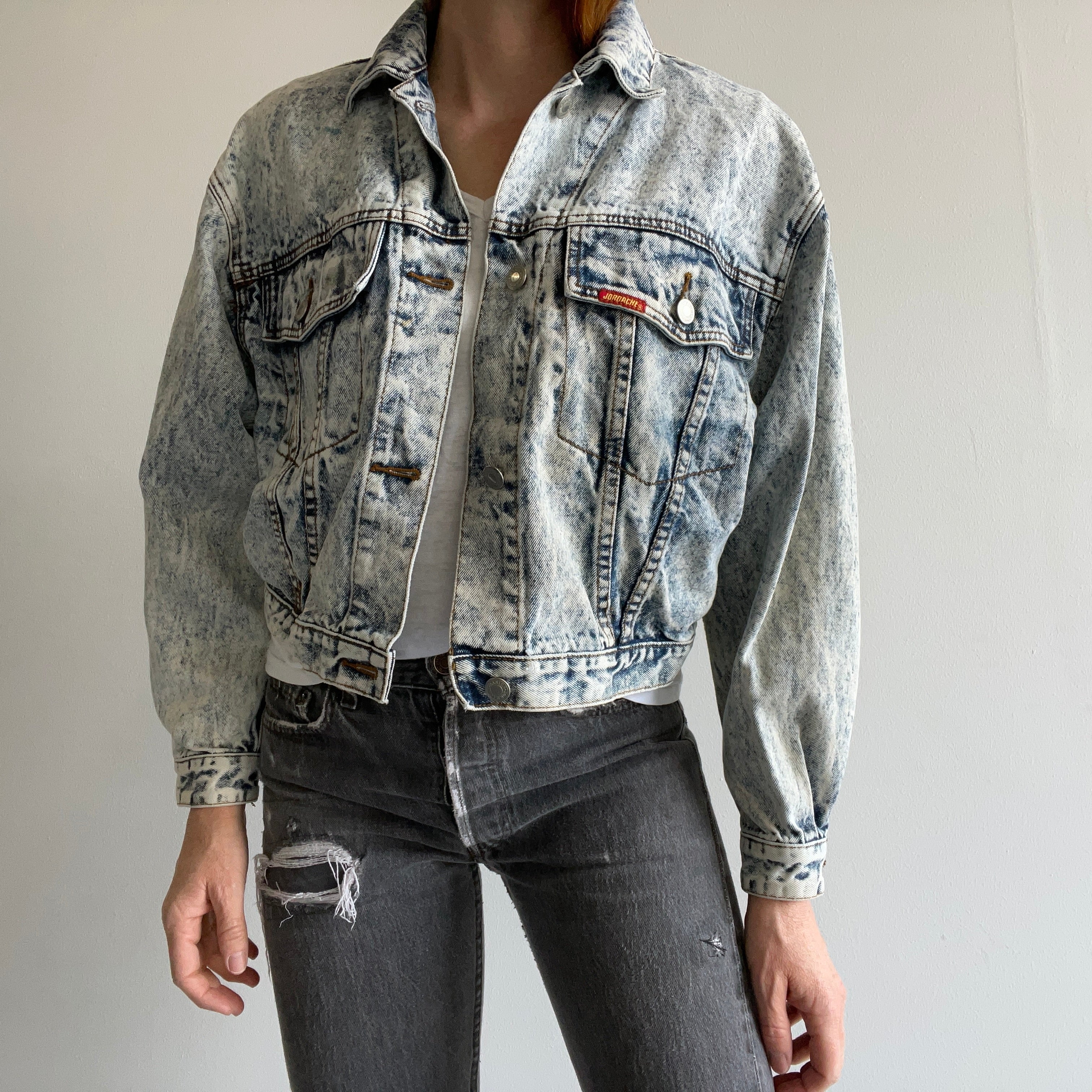 1980s Jordache SUPER RAD ACID WASH CROP TOP Denim Jacket