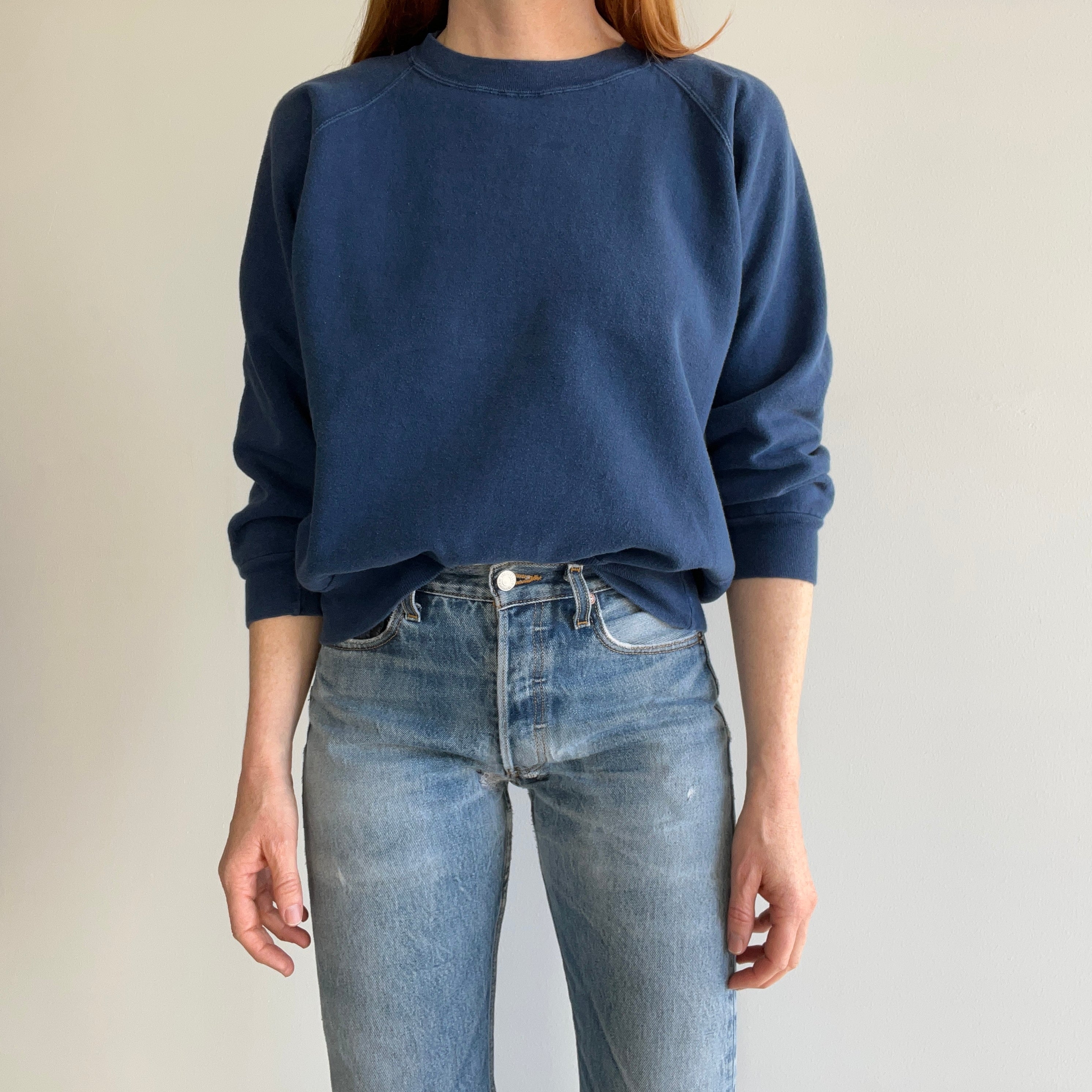 1980s Mostly Cotton Blank Navy Raglan - A Gem