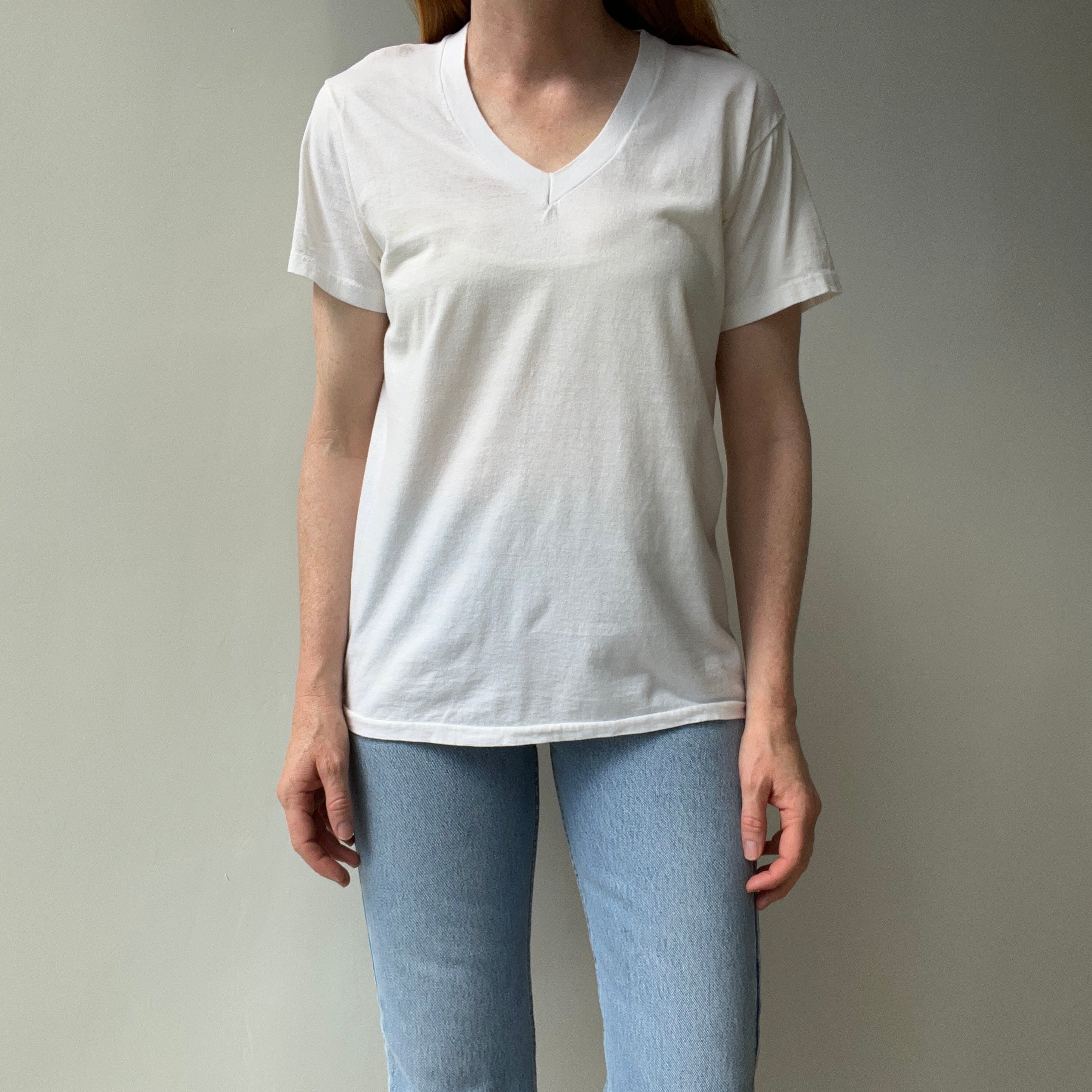 1980s Age Stained Cotton Hanes V-Neck T-Shirt