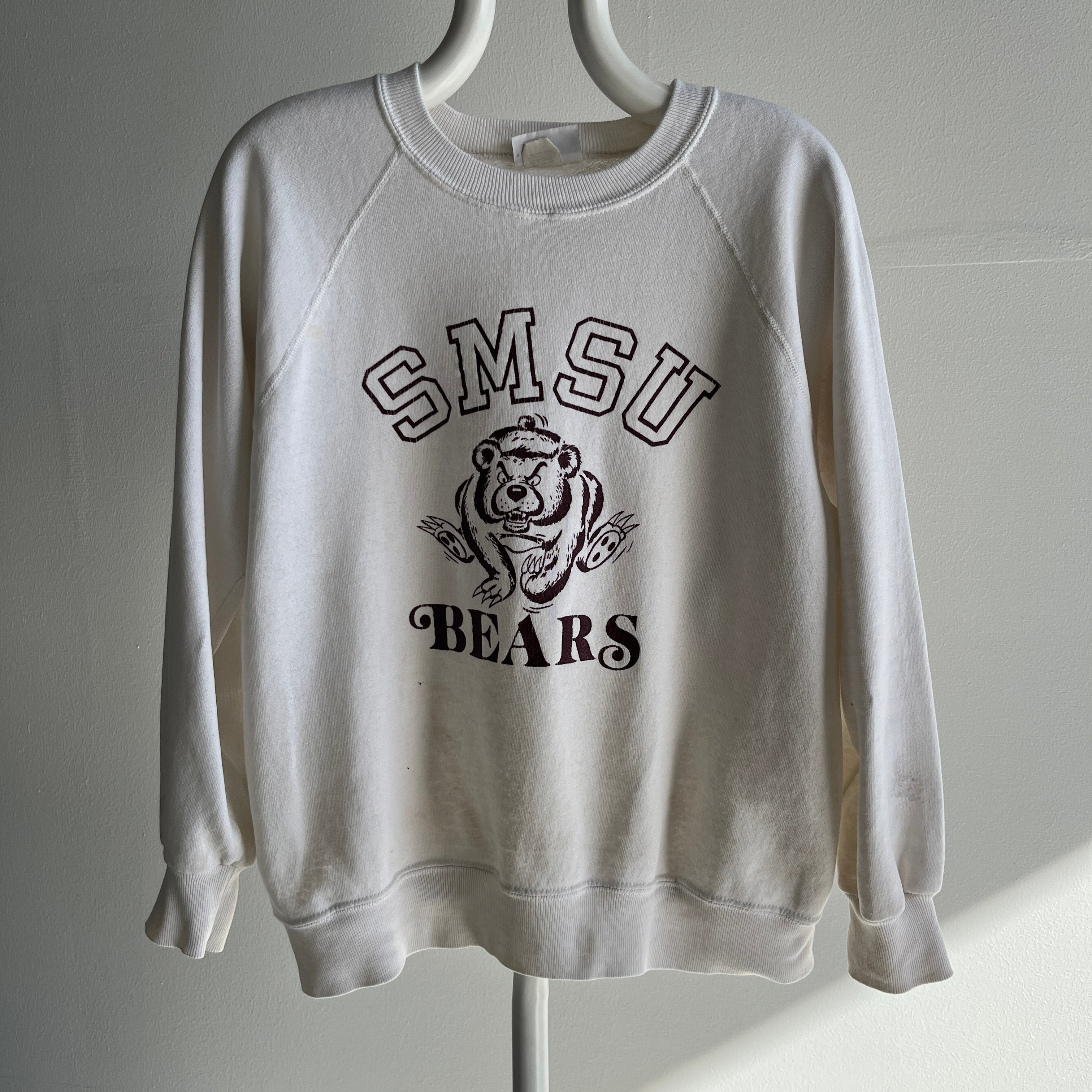1980s Front and Back SMSU Bears Thinned Out and Stained Sweatshirt