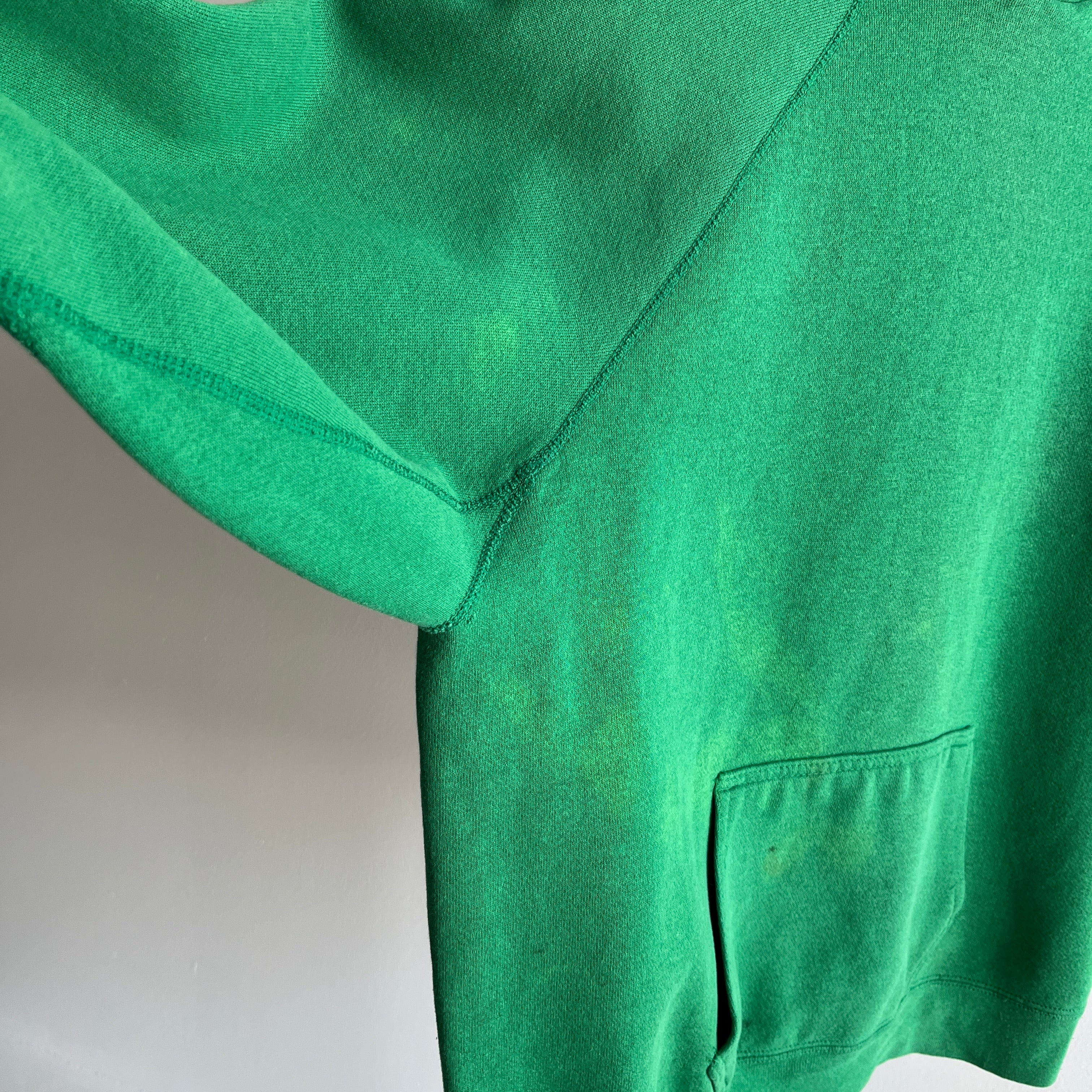 1980s Heavyweight Discus Sun Faded Kelly Green Hoodie - WOW