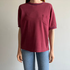1970/80s Burgundy Ring T-Shirt with Navy Piping. The Country Clothes Shop Knit.