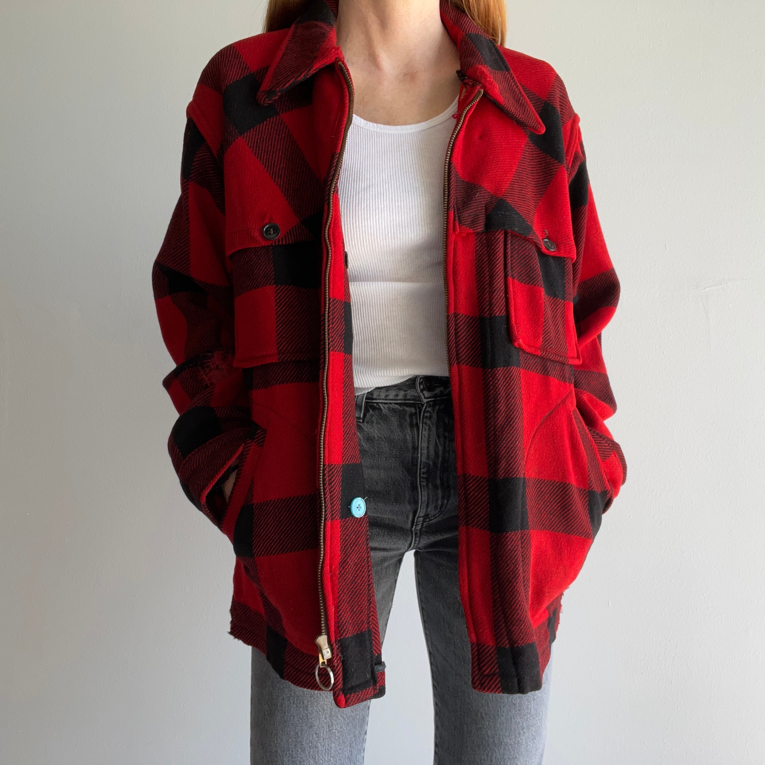 1970s Buffalo Plaid Wool Hunting Jacket without Lining - WOWOWOW