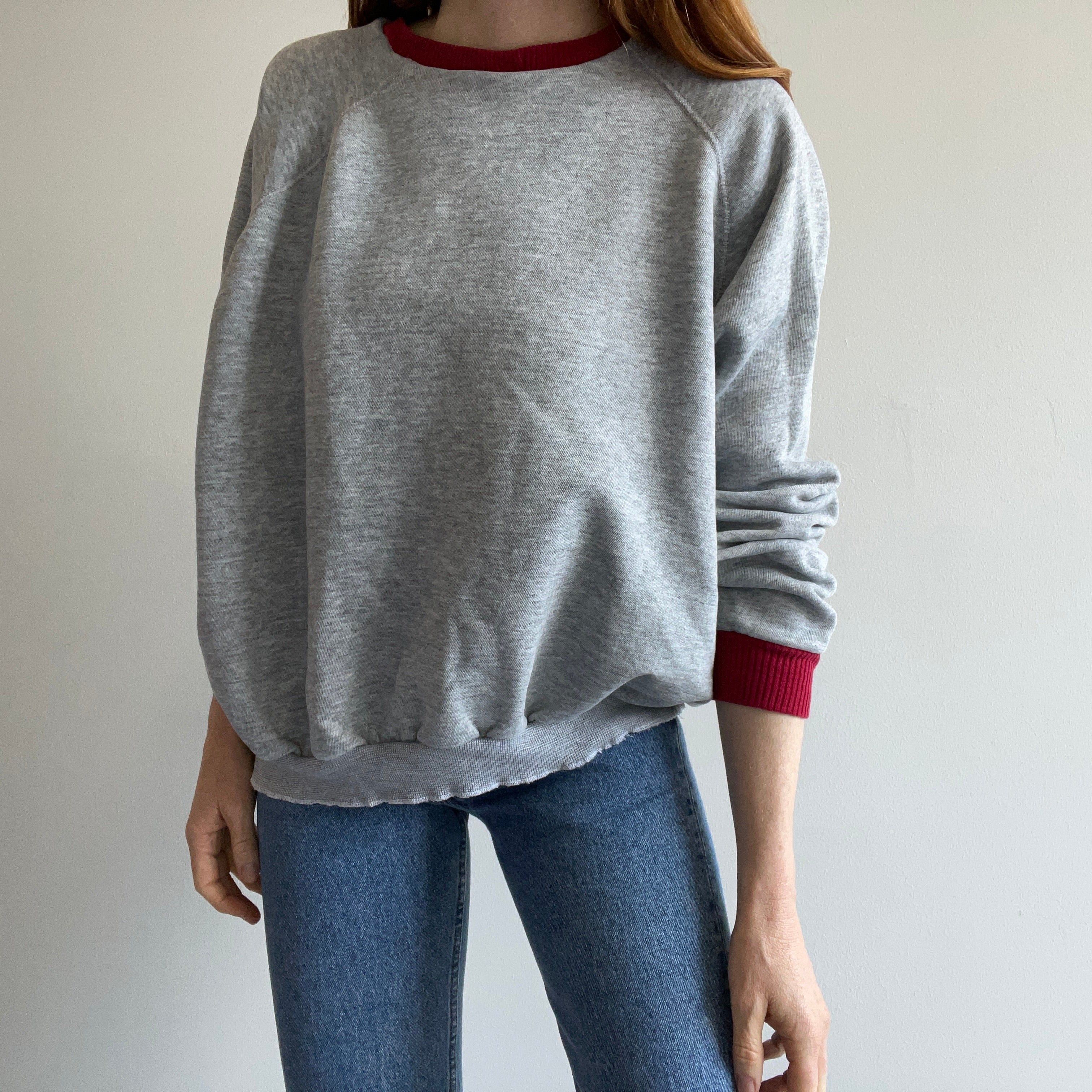 1990s DELIGHTFUL DIY Two Tone Gray and Red Sweatshirt